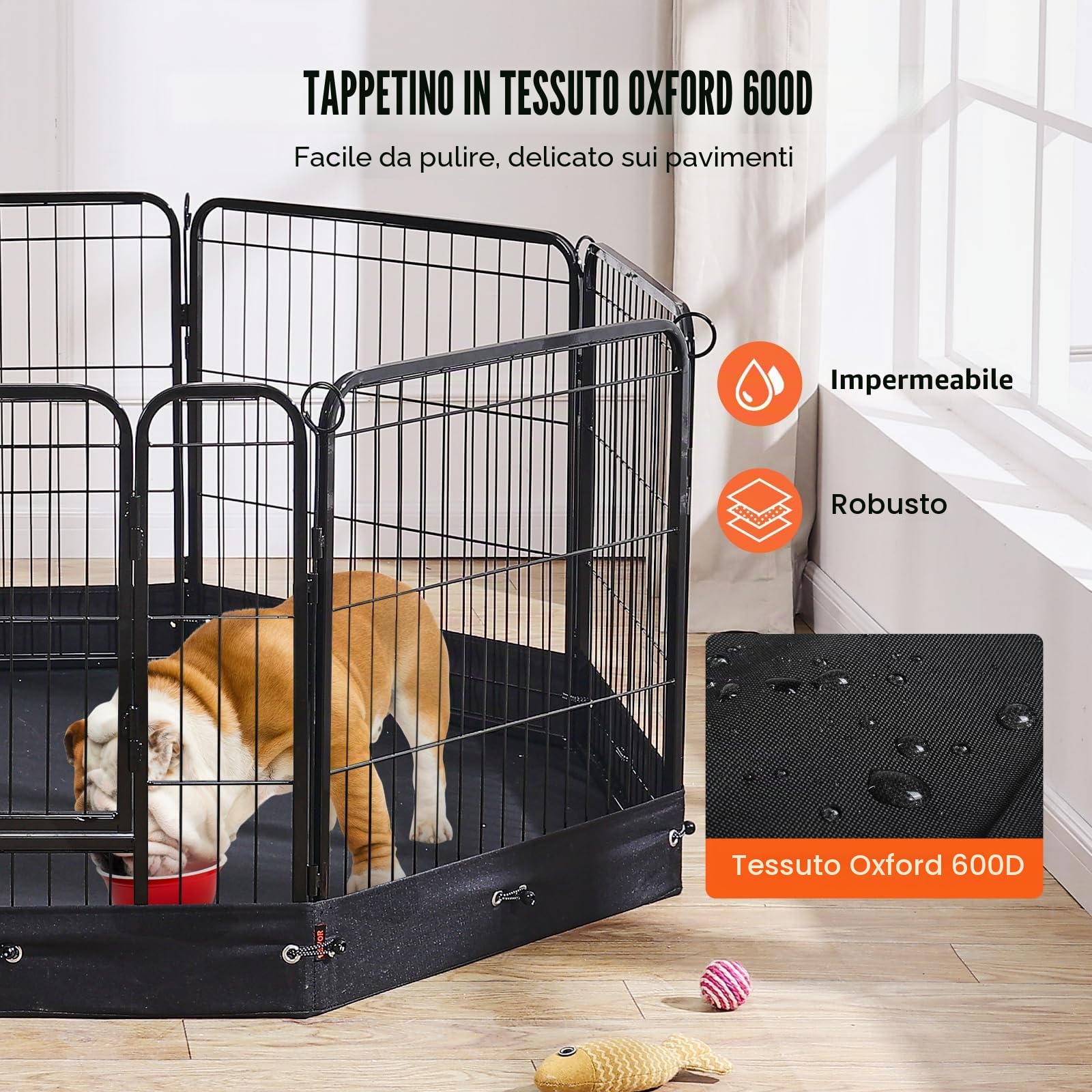 VEVOR Recinto per Cani, 8 Pezzi 610 x 610 mm Recinto per Animali Domestici per Interni Esterni con Porta, Pannelli Pieghevoli in Metallo per Esercizi per Animali Domestici, Borsa Portaoggetti, Fondo