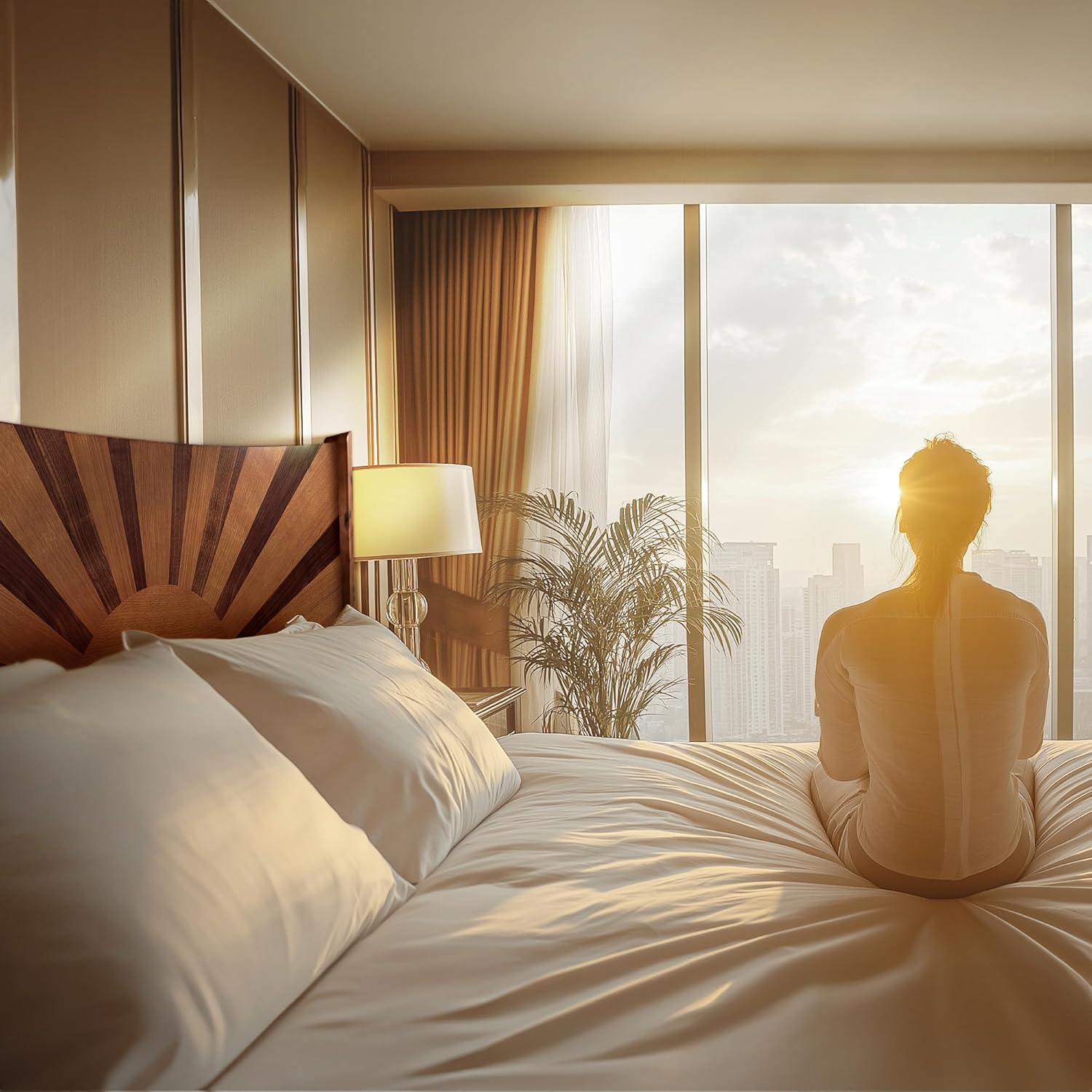 Sunset Deluxe Solid Acacia Wood King Size Platform Bed Frame with Tall Headboard, Mid-Century & Art Deco Design, No Box Spring Needed, Strong Wood Slat Support, Easy Assembly, Walnut Walnut King