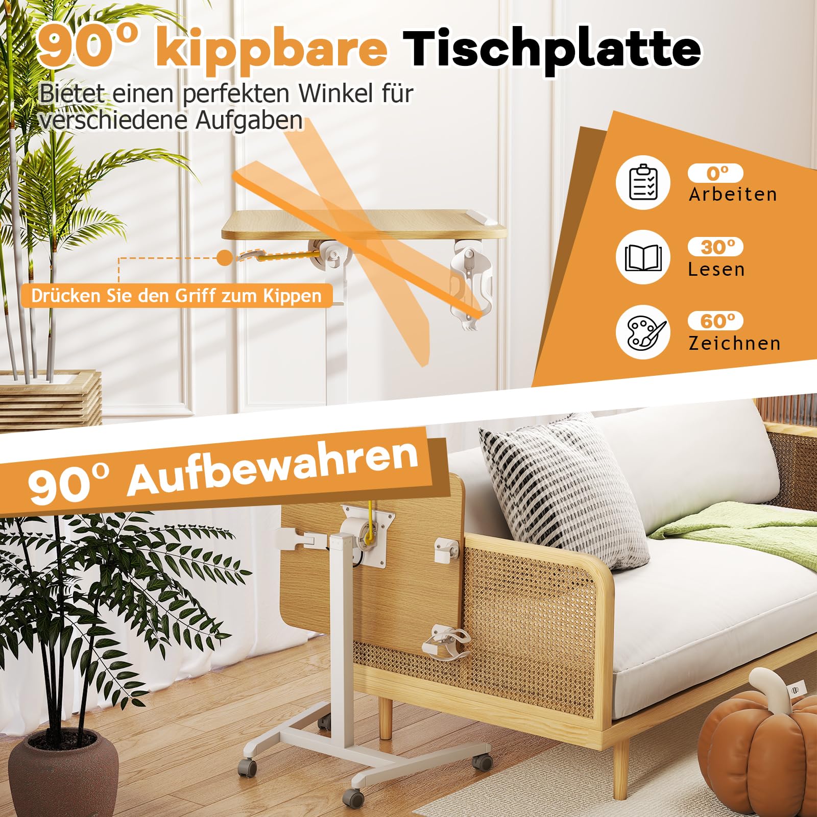 COSTWAY Beistelltisch höhenverstellbar mit Rollen, Stehtisch mit 90° neigbarer Tischplatte, Haken und Becherhalter, Stehpult, Laptoptisch für Wohnzimmer, Schlafzimmer