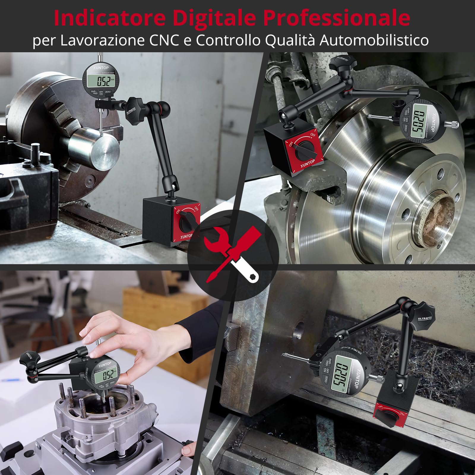 XUNTOP Comparatore digitale Comparatore Digitale Comparatore Quadrante Digital Dial Indicator - Base Magnetica 80KG Supporto Magnetico Braccio Articolato Flessibile Kit Comparatore Precisione 0.01mm