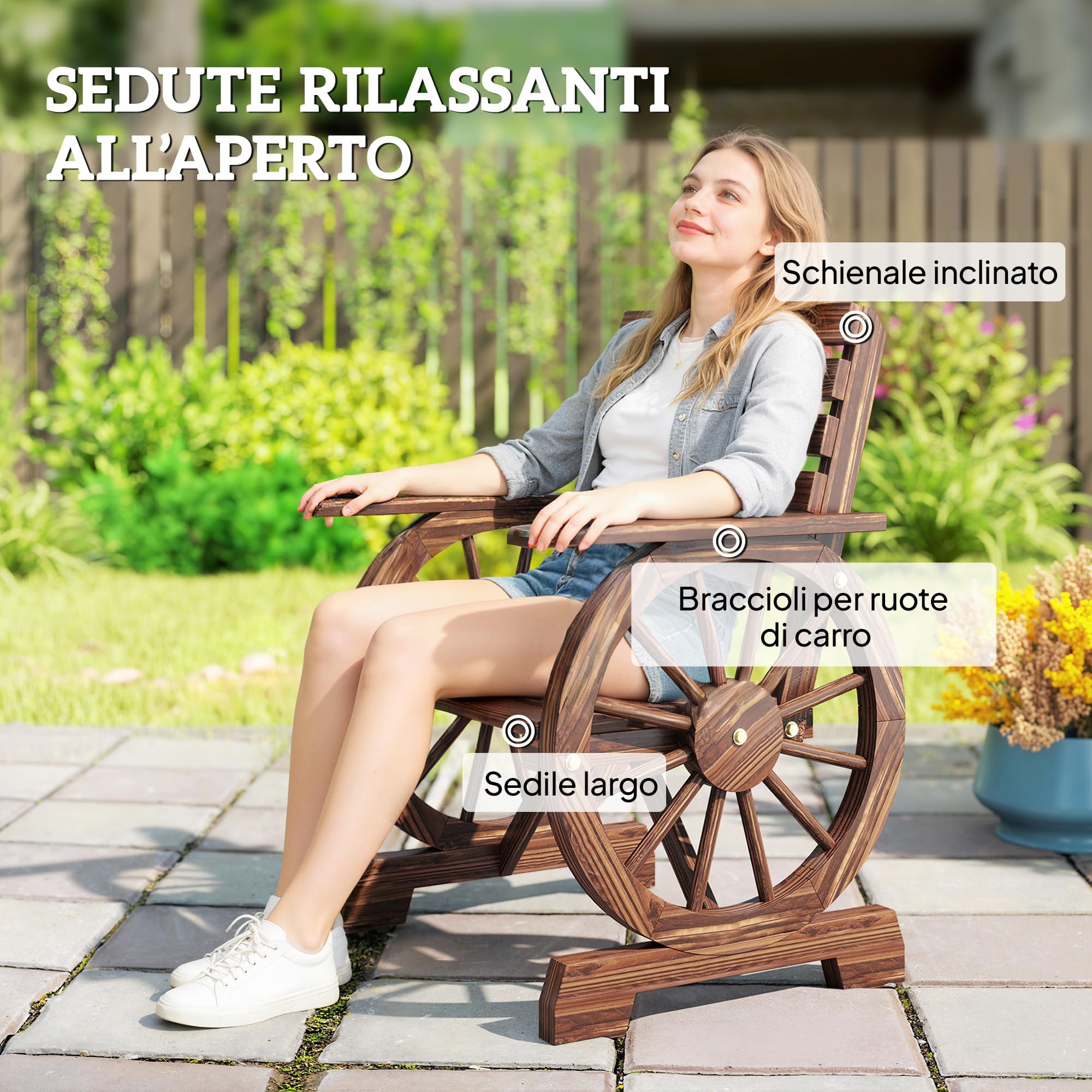 Outsunny Panca da Giardino in Legno a Doghe 1 Posto con Braccioli Ruota