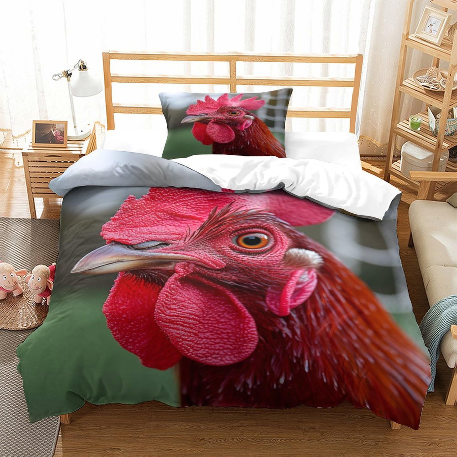 P1s9u7w5y Gallic Rooster Lifelike Rooster 3D Printed Duvet Cover Set 3Pcs Microfiber Animal Bedding Set Single（135X200cm）