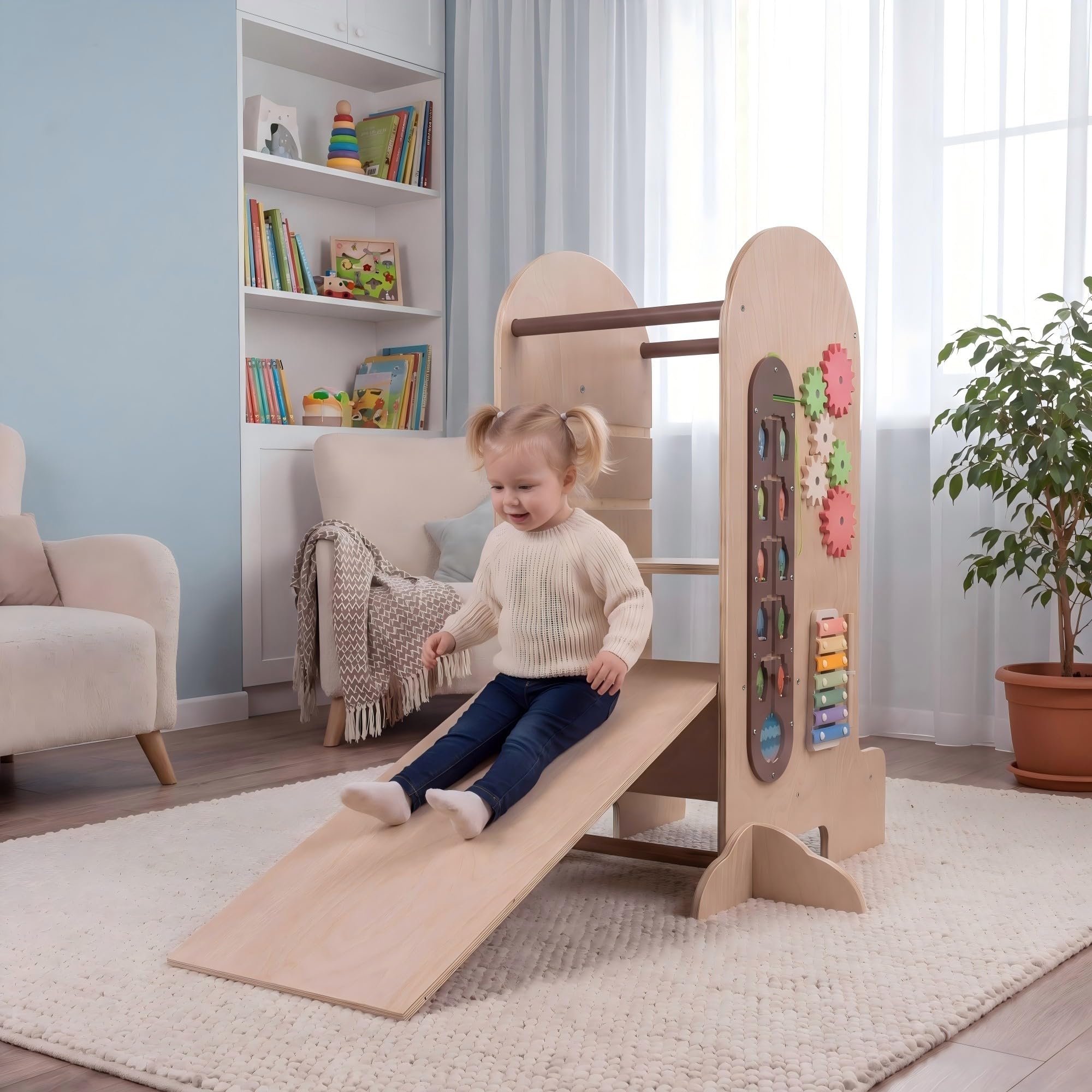 DREAMADE 4 in 1 Lernturm mit Rutsche, Trittleiter mit 3 verstellbaren Höhen | Tritthocker Montessori mit Abnehmbarer Tafel & Spielbrett, Learning Tower aus Buchenholz, Trittschemel für Kinder ab 3 Jahr