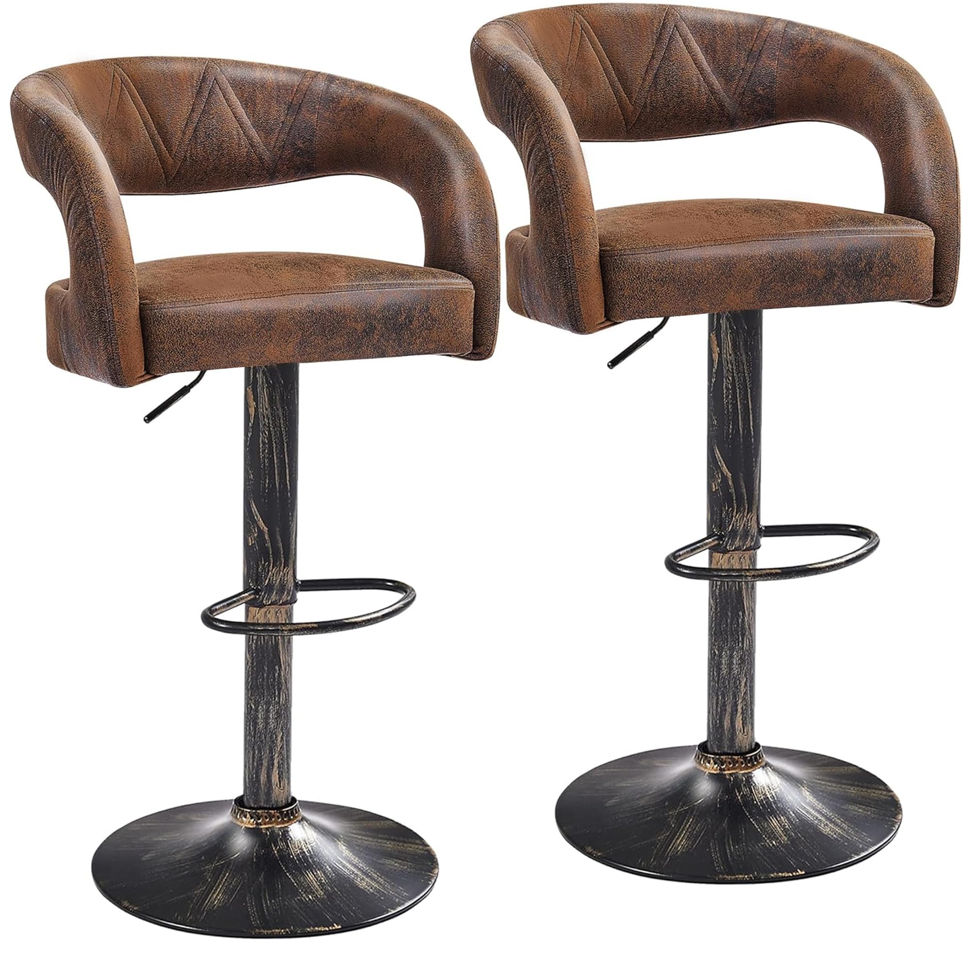 VECELO Bar Stools Set of 2 Adjustable Swivel Modern Pu Leather Barstools, Counter Bar Stools with Back and Arms, for Kitchen, Bar (Dark Brown)
