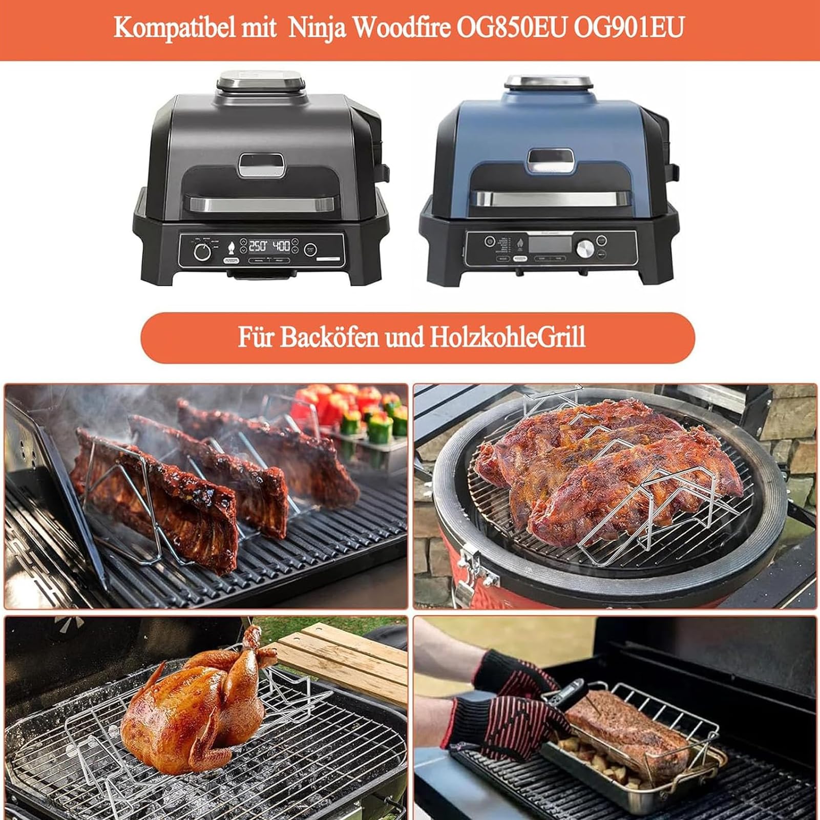 Spareribs Uchwyt do grilla Ninja Woodfire OG850EU OG901EU ruszt w kształcie litery V, stojak na kurczaka, kompatybilny z Ninja Woodfire Pro XL i Most Smoker Grill, akcesoria Ninja Woodfire XL
