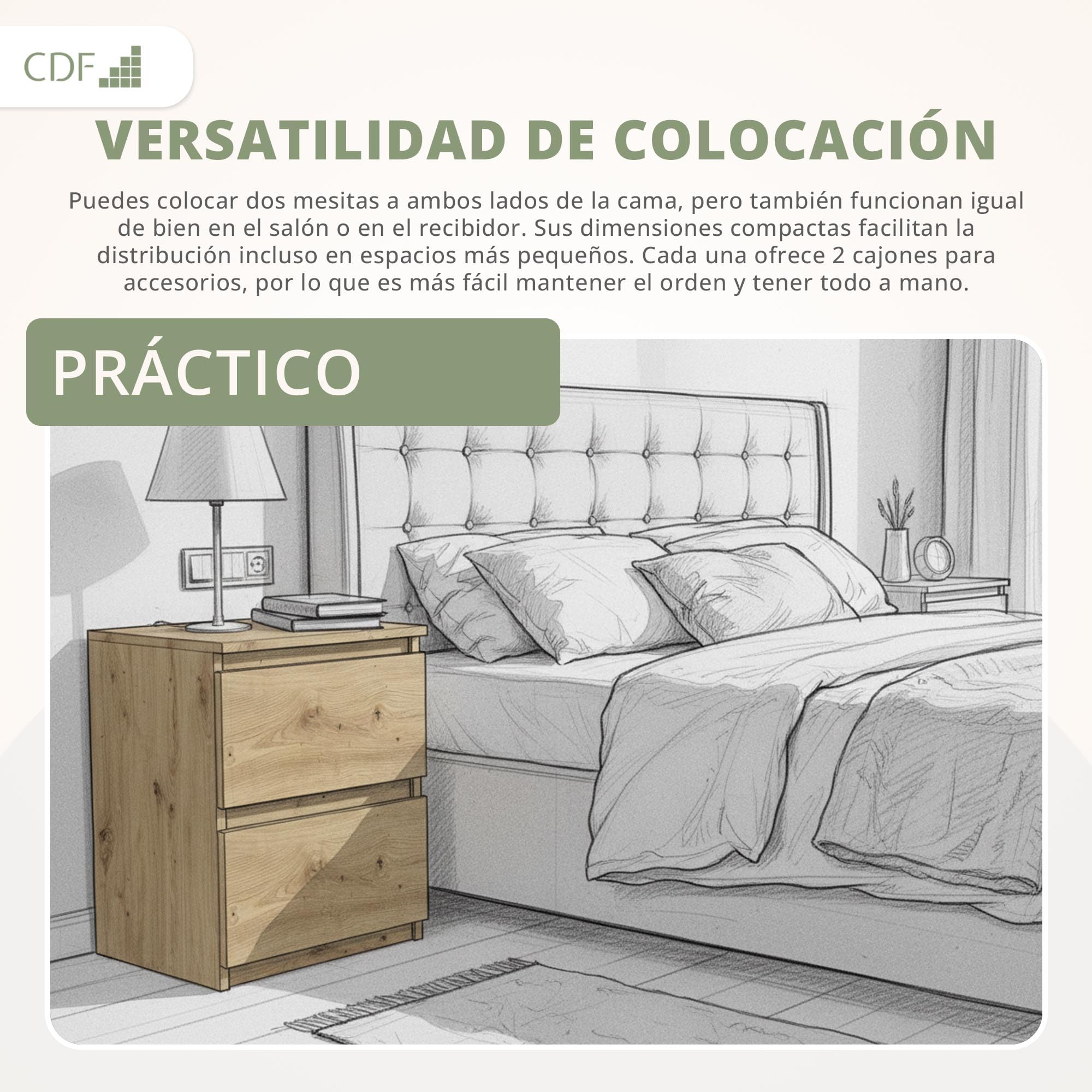 CDF Mesita Mesa Mesilla de Noche con 2 cajones Auxiliar Junto Cama Mueble de Dormitorio Salón Oficina Estilo Moderno Gabinete Organización Espacio Tamaño Compacto - M2 30cm Roble Artisan