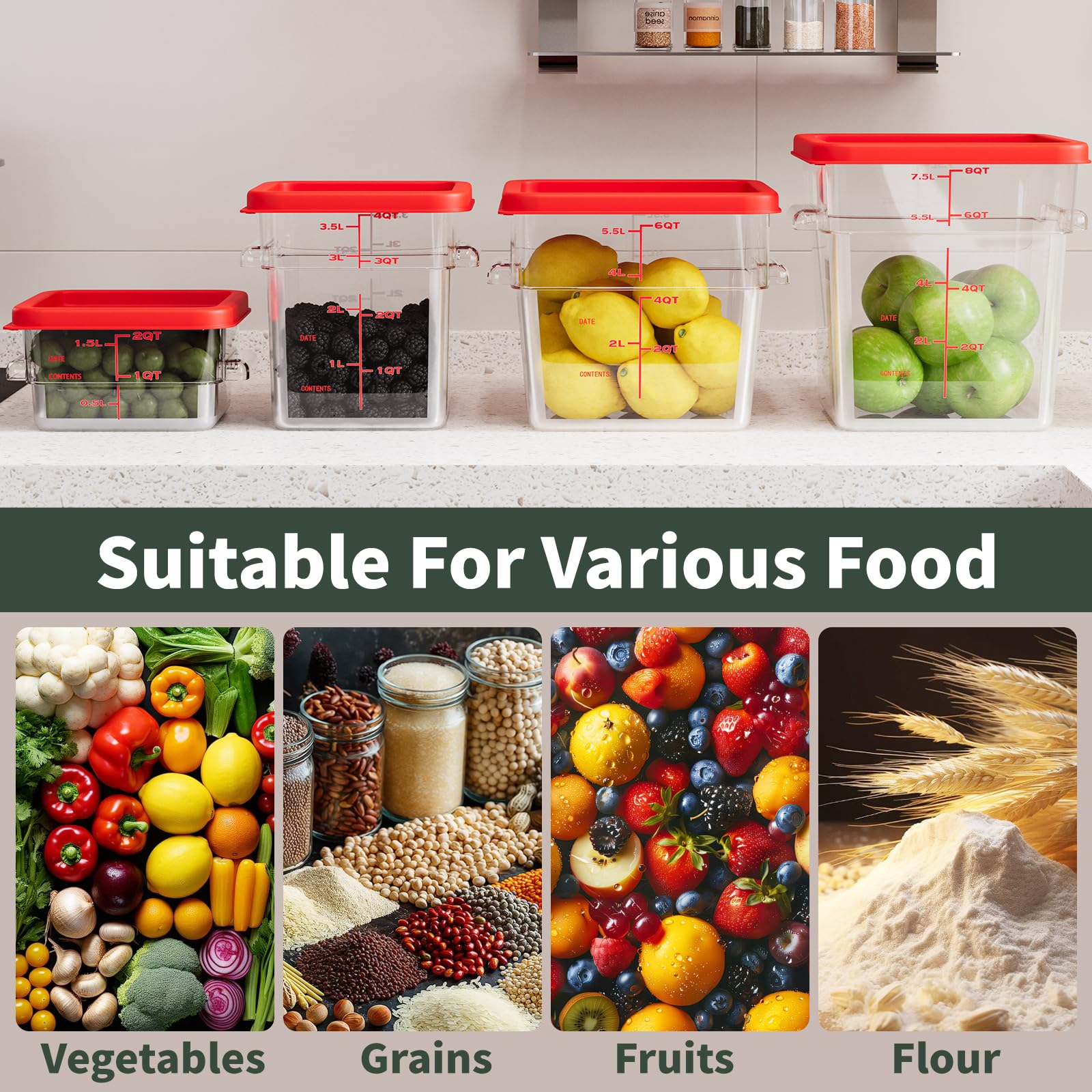 Paquete de 4 recipientes de almacenamiento de alimentos, recipientes de alimentos con tapas y asas, recipientes cuadrados comerciales para cocina, restaurante, refrigeración, etc. (6 cuartos de