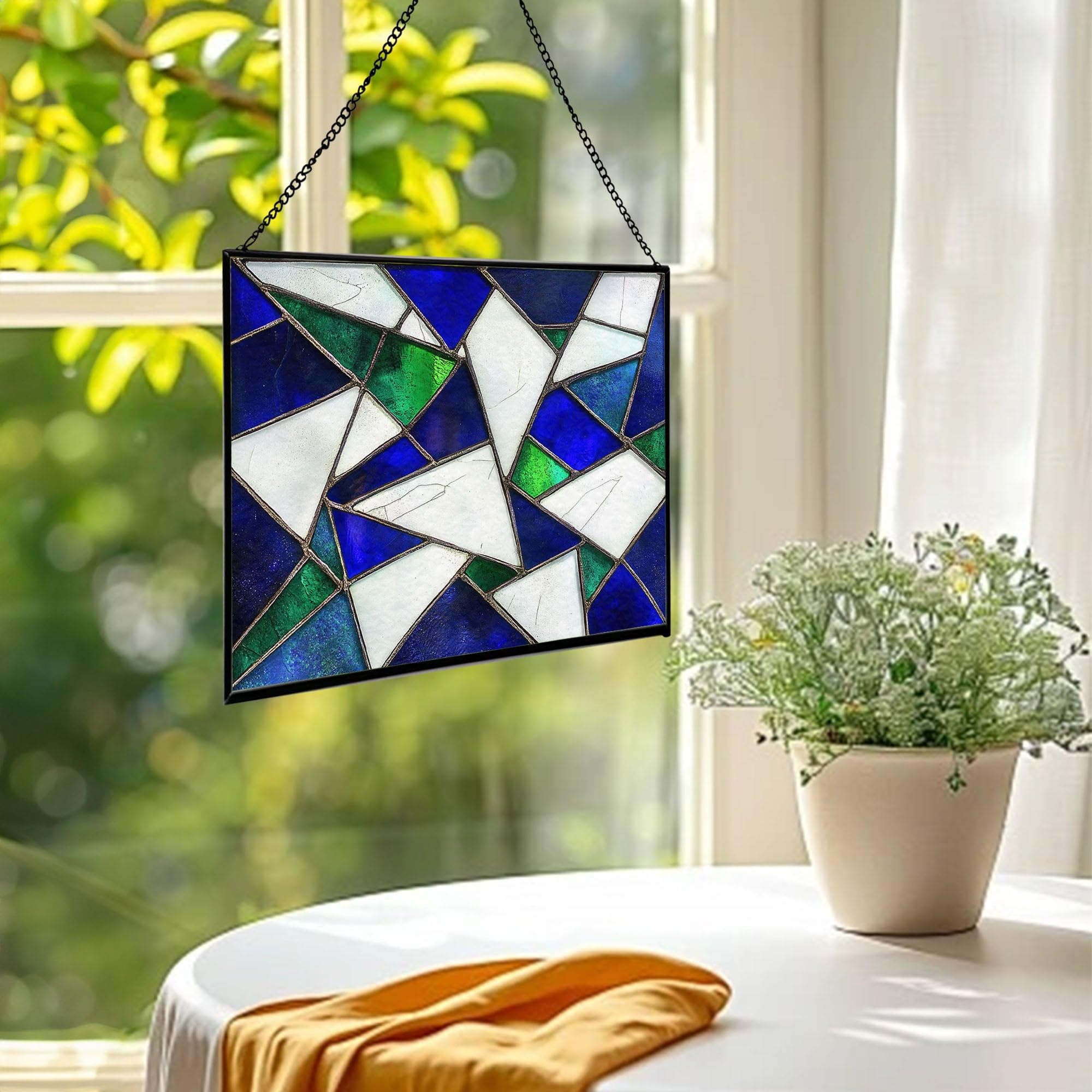 Handmade Mission Tiffany Style Window Panel, 13x9.5 Inch Hanging Stained Glass Suncatcher, Decorative Home Accent with Metal Chain 88OR7
