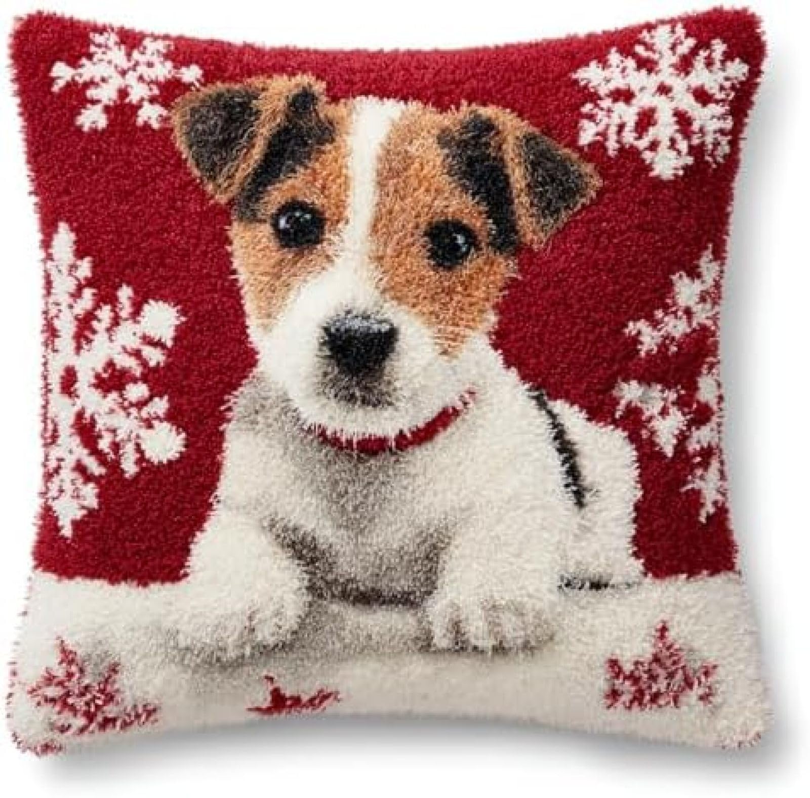kitphoenix Latch Hook Kit Cushion Christmas Jack Russell Dog with Pre-Printed Cushion Cover DIY Pillow Case Crochet Yarn Hooking Craft Set for Hobby and Home Decor 43x43cm-1