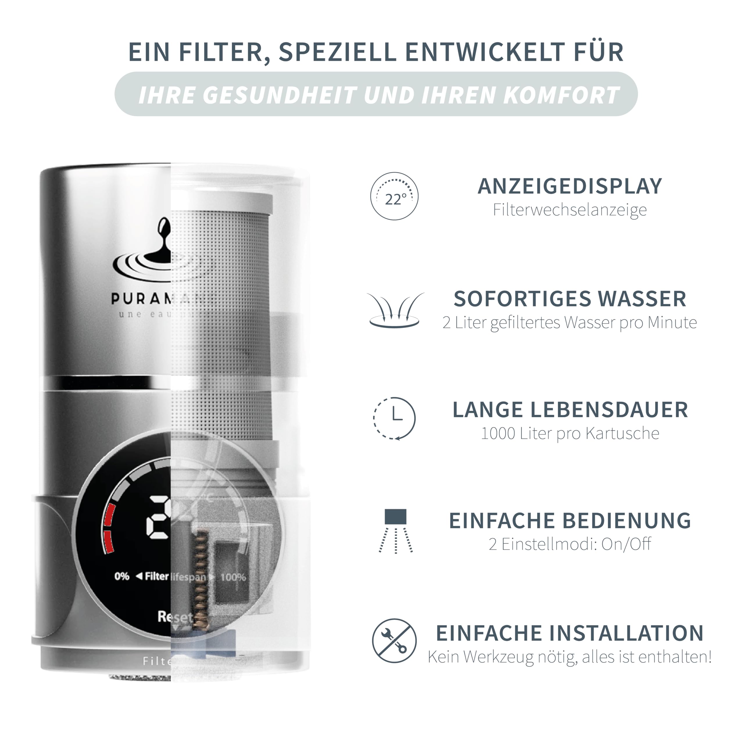 Puramane Wasserfilter Wasserhahn mit LED-Display & Filterlebensdauer-Anzeige, Wasserhahnfilter für Trinkwasser, Aktivkohle-Kalkfilter gegen Chlor & schlechten Geschmack (System + 1 Filterkartusche)