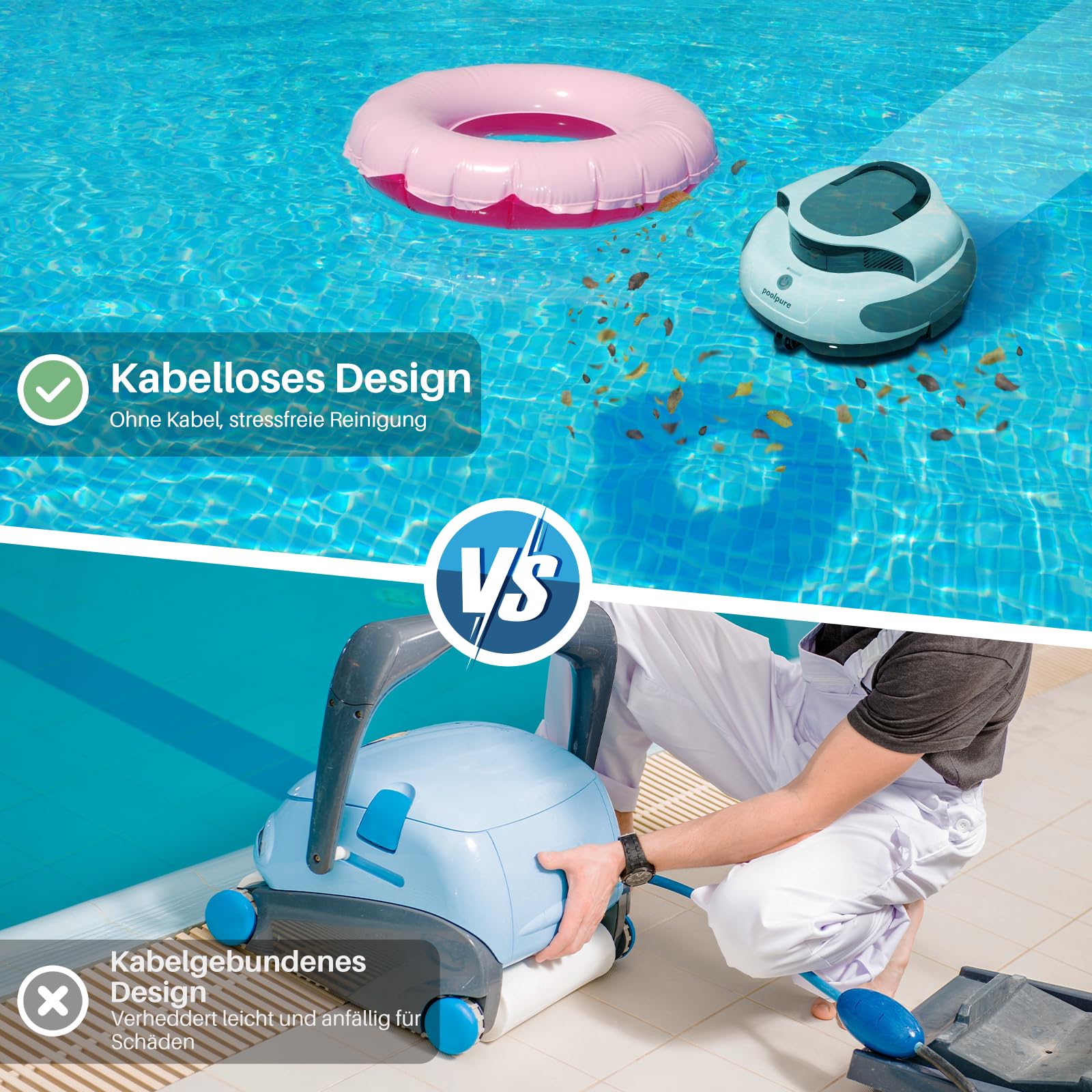 POOLPURE 2026 Poolroboter Akku: Kabelloser Poolsauger mit 100 Min. Laufzeit, Automatischer Poolreiniger für Flache Aufstellbecken bis 90m², IPX8, Dual-Motor & Abnehmbare Lenkrollen