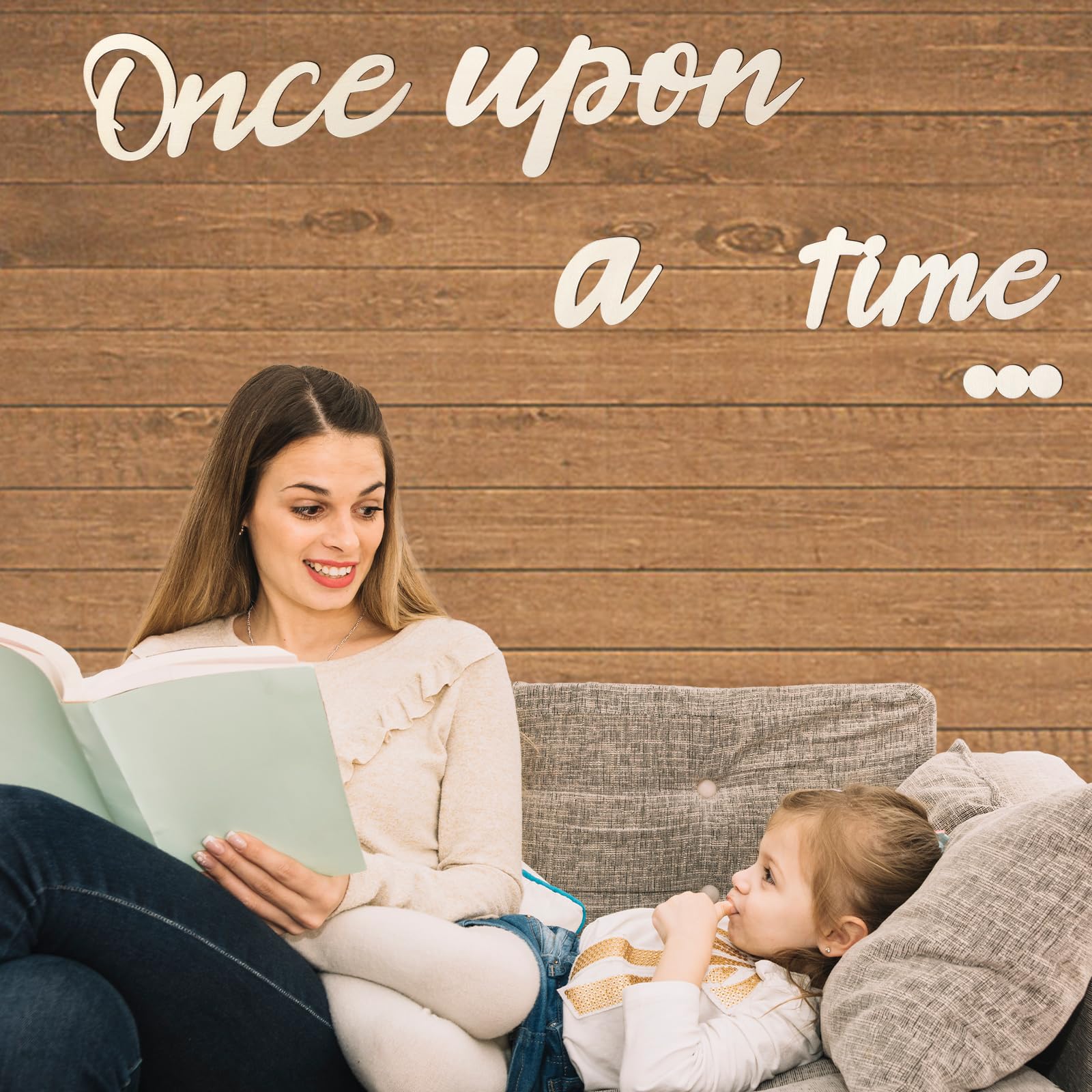 Andibro Panneau en bois « Once Upon a Time » - Décoration murale de chambre d'enfant avec 20 distributeurs de colle - Décoration de chambre à coucher pour famille, bibliothèque, coin de lecture,