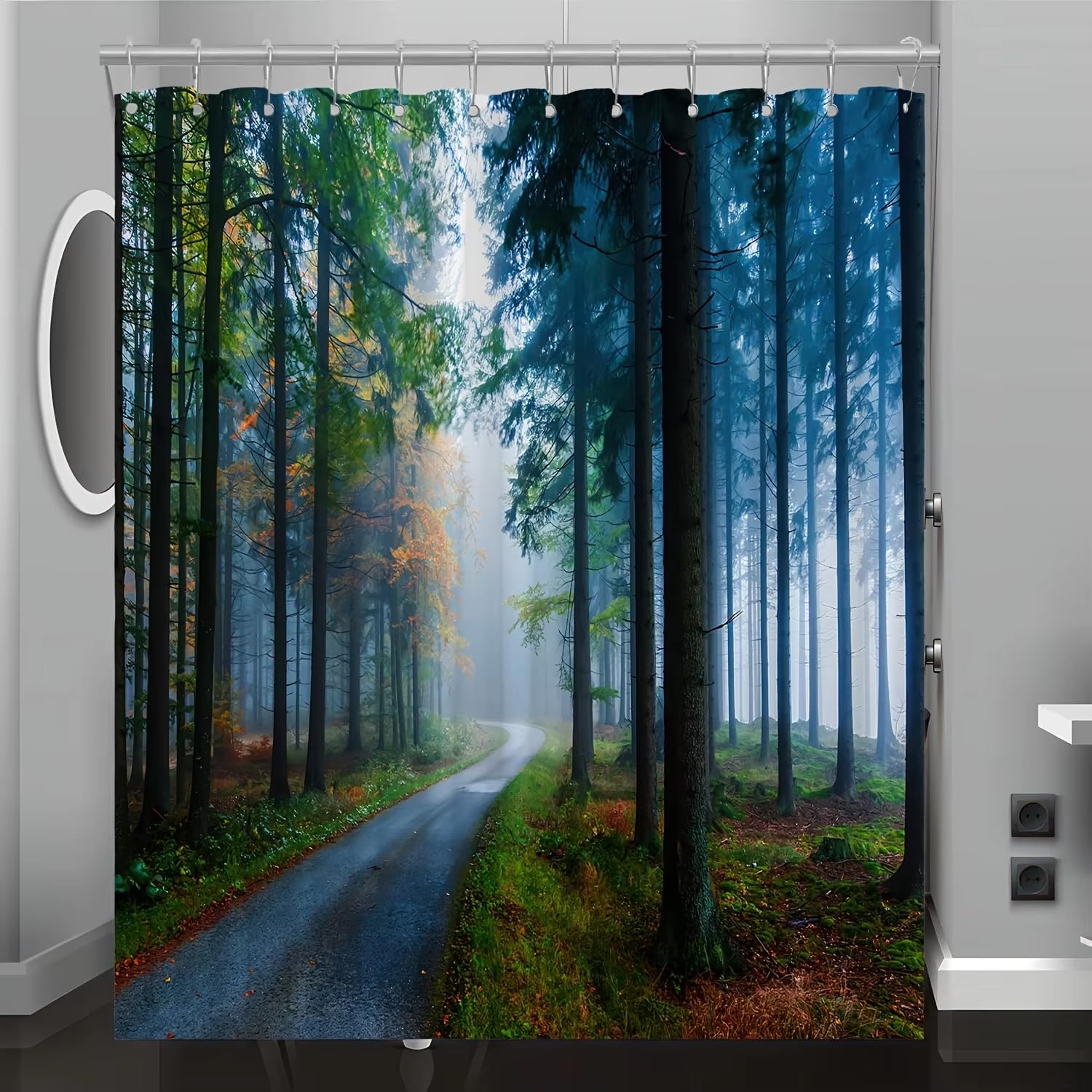 Tenda da doccia con stampa digitale e motivo ad albero e paesaggio forestale, tenda da doccia per bagno e stanza umida (200x245 cm/antimuffa)