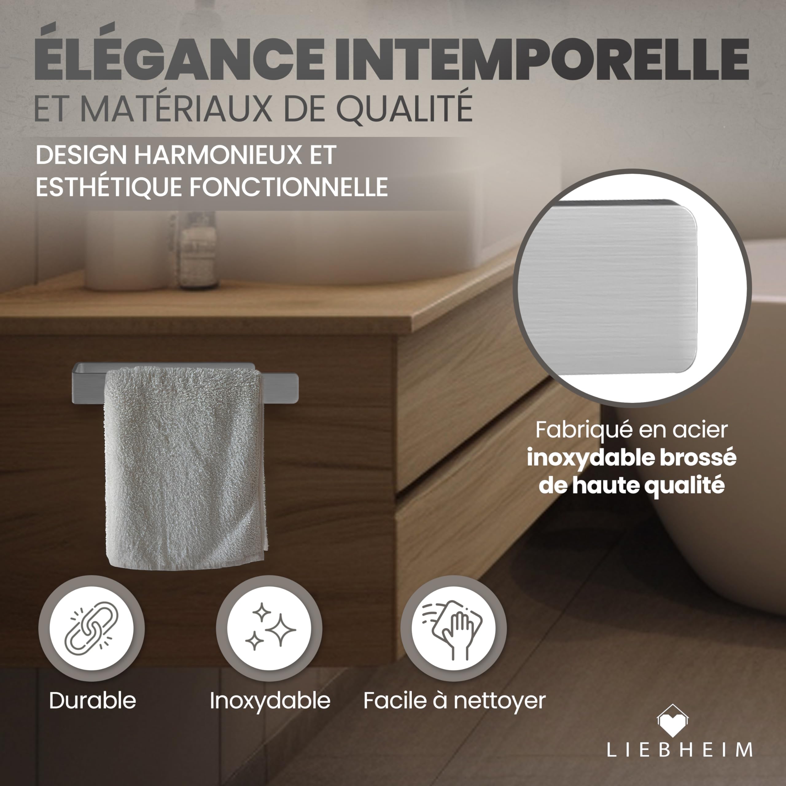 LIEBHEIM Porte-Serviette Salle de Bain - Porte Serviette Mural sans Percage - Support Serviette Salle de Bain - Porte Torchon (Acier Inoxydable Brossé 22 cm)