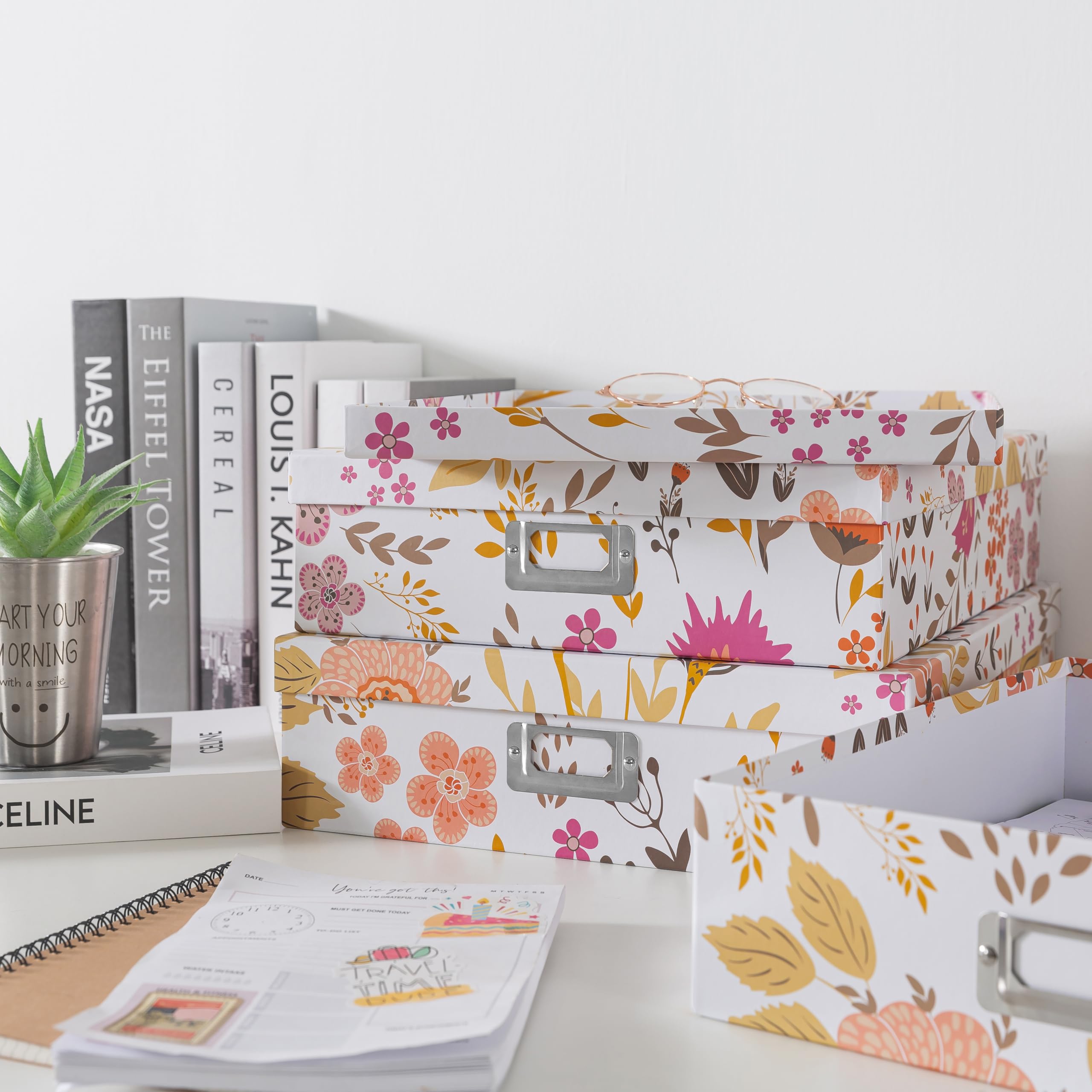 Juego de 3 cajas de cartón decorativas para collage floral con tapas, para recuerdos y fotos, almacenamiento de cartas para documentos, álbumes de recortes, organización 7