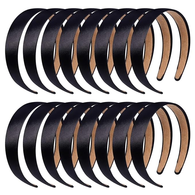 anezus 16 Pcs Satin Headbands Bulk 1 Inch Antislip Black