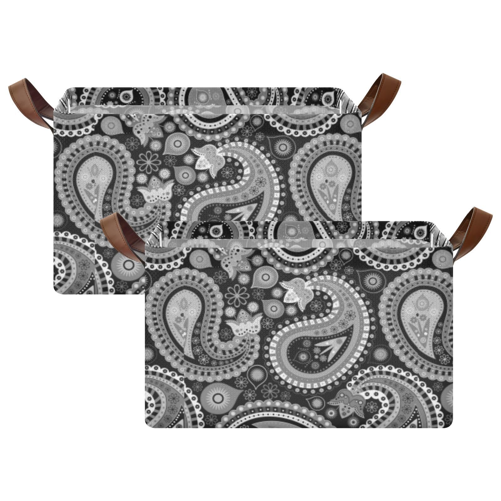 Vintage Colorful Paisley Flowers Retro Grey White Black Floral 2PC Rectangle Foldable Frame Basket Leather Handles Storage Bin for Laundry Bathroom Organizer M 16.9 x 11.4 x 10 inch