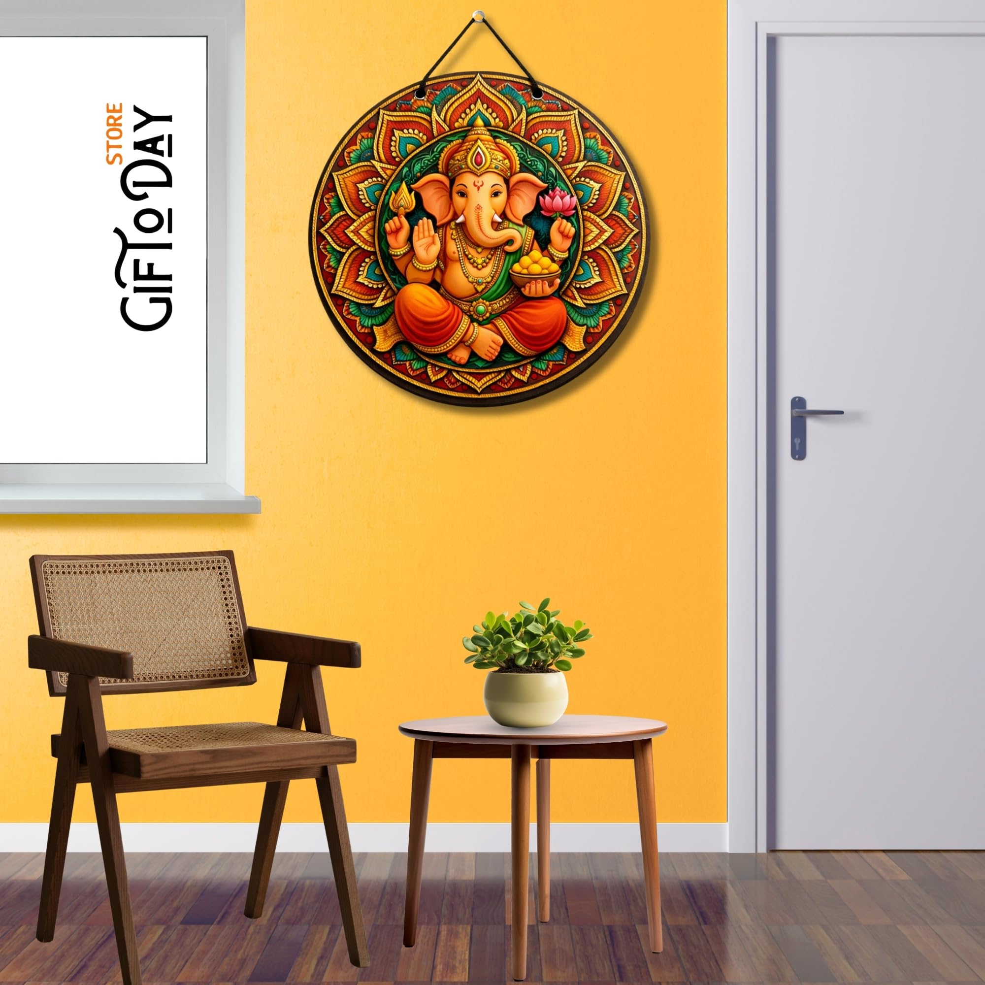 GiftOday Religious Wooden Wall Hanging Decor | Hindu God Wall Art, Om Mandala Spiritual Plaque for Pooja Room, Temple, Living Room & Meditation Wall Decor (Lord Ganesha Mandala Art) 3