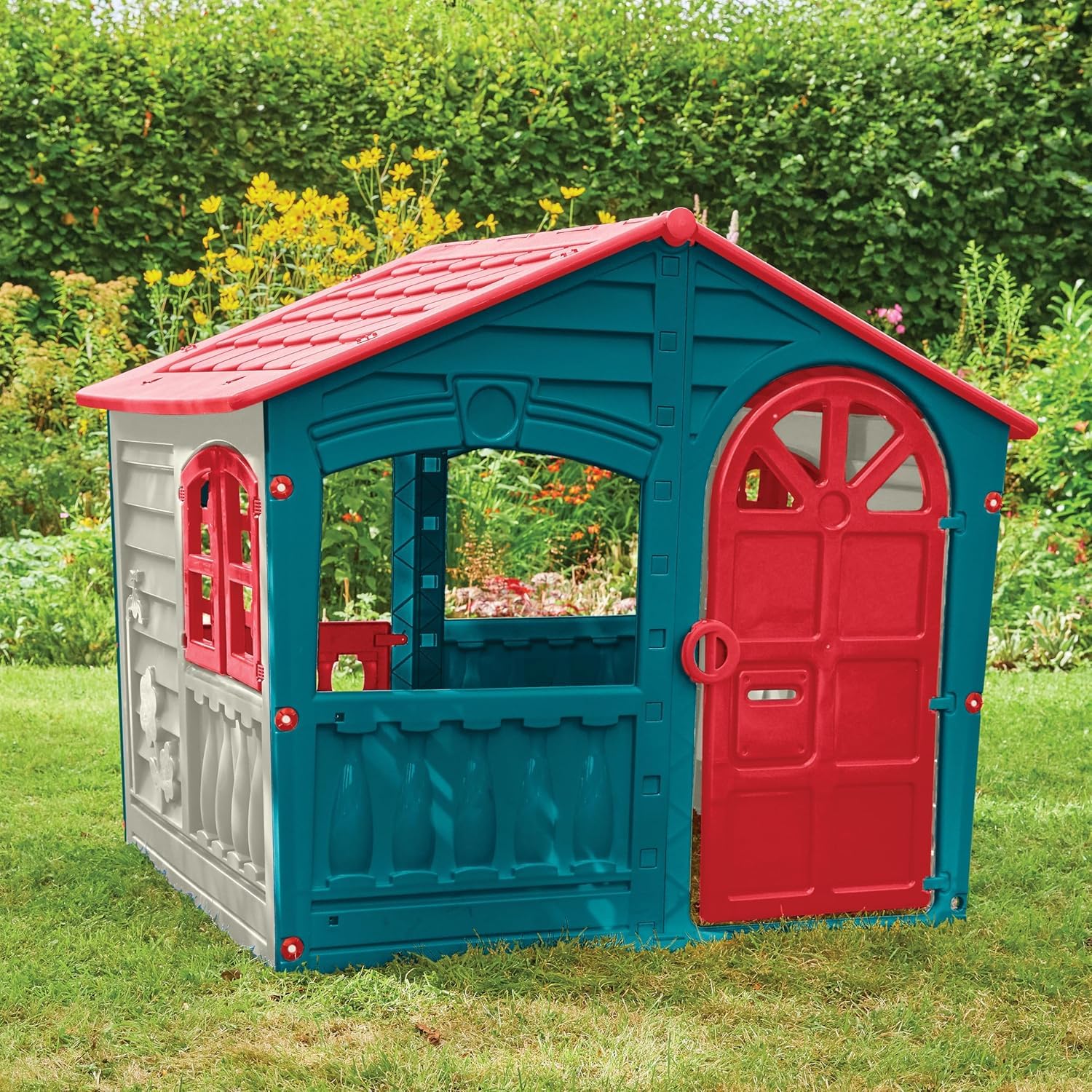 Casetta per Bambini Casa Gioco per Bambini Esterno casetta da giardino per bambini casetta per Bambini da Interno Giardino Casetta da Gioco Tradizionale Grande 140X111X115Hh (Blu e rossa)