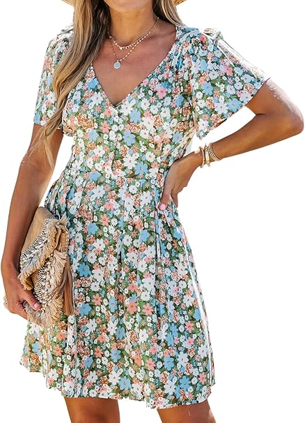 CUPSHE Dames midi-zomerjurk met V-hals, bloemenprint, korte