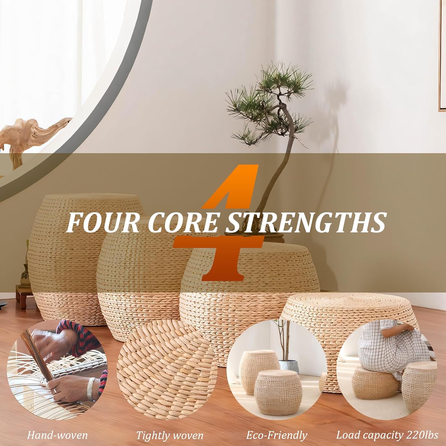 Round Straw Seat Cushion, Tatami Floor Pillow Sitting Cushion, Breathable Round Braided Woven Pouf Ottoman Footstool for Yoga, Meditation, Living Room, Porch (11.81" Dia. x 8.66" H)