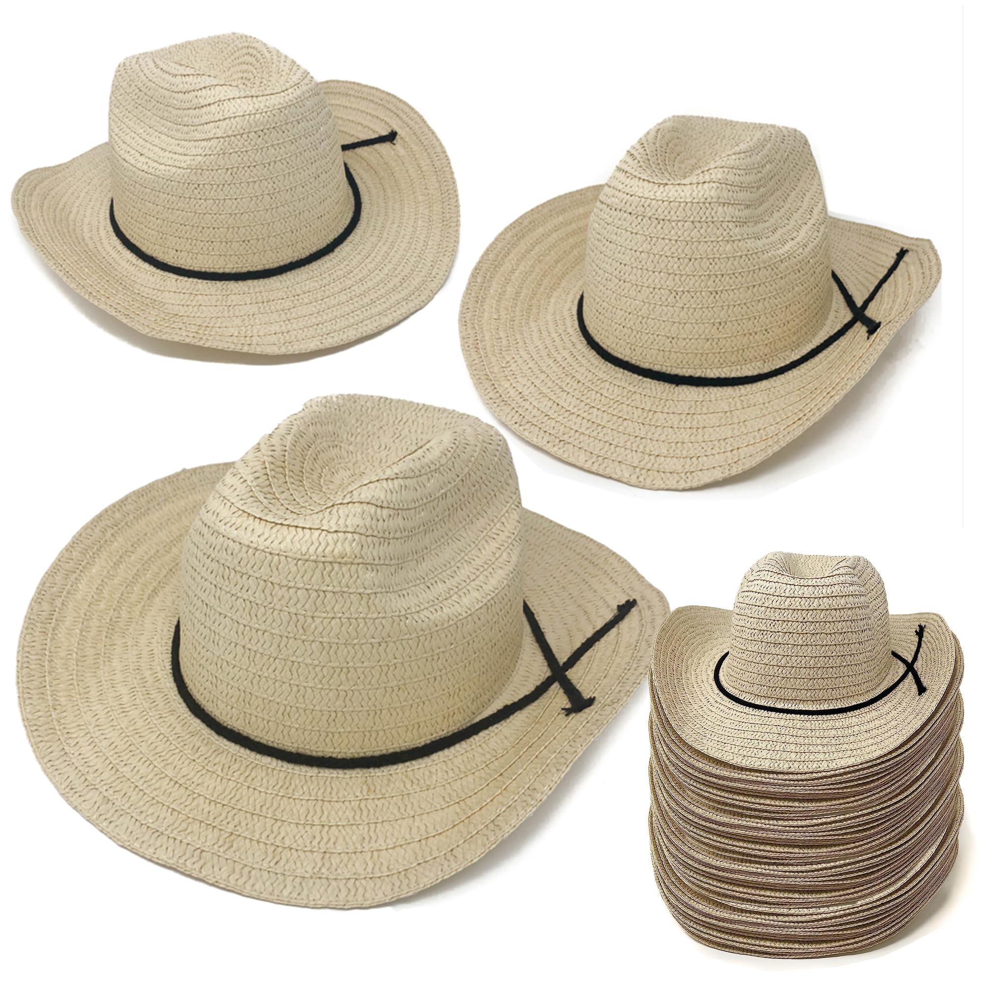 Podzly 72 Pieces 24" Straw Cowboy Hats - Western Style for Men & Women - Country Accessories for Cowgirl, Concerts, Birthdays, Events & More - Plain