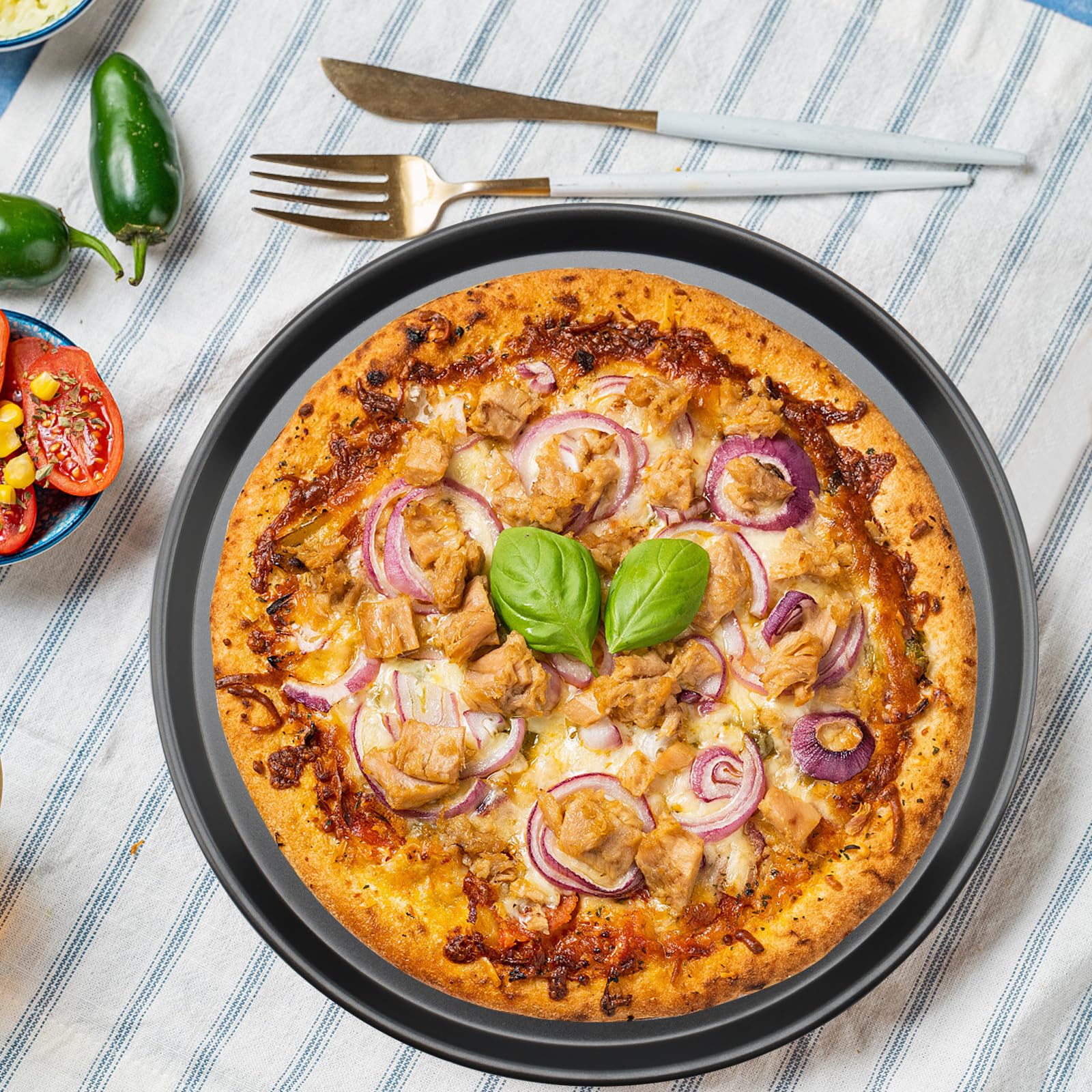 4 Teglie Per Pizza Rovonde Forate 30,5 Cm - Acciaio Al Carbonio Antiaderente Con Manico