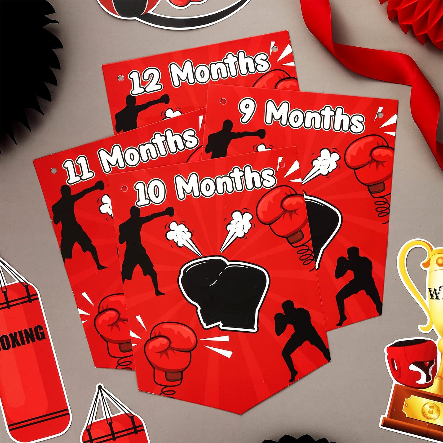 Boxing 1st Birthday Photo Banner for Boys Girls, Red Round One Banner for Baby from Newborn to 12 Months, Boxing Match Sport First Birthday Party Decorations