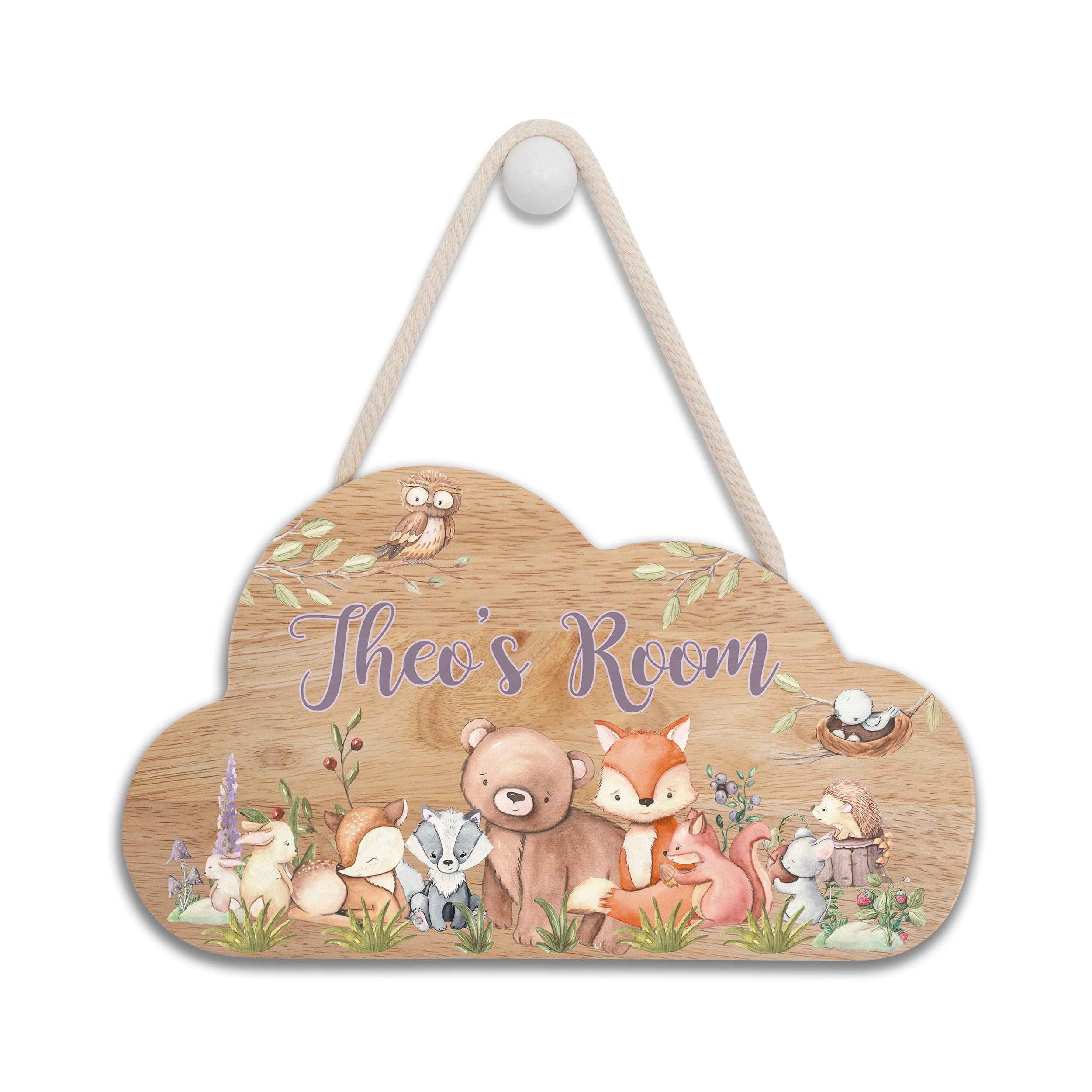 iCaseDesigner Personalised Wooden Childs, Baby, Toddler Bedroom Room Cloud Sign with Name - Woodland Animal Theme