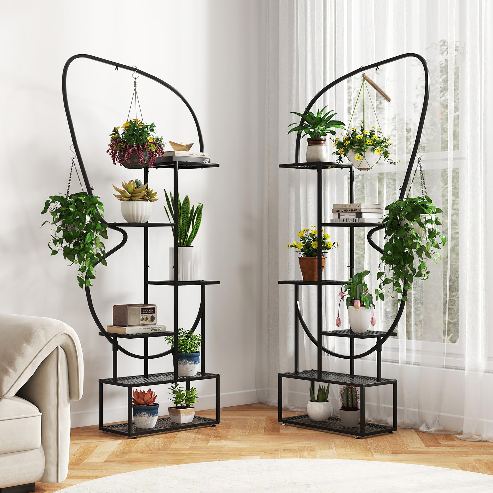 COSTWAY Scaffale Porta Piante a 6 Livelli, Scaffale per Vasi a Forma di Farfalla con 12 Ripiani in Rete Metallica e 4 Ganci, Mensola a Scala per Piante da Interno e Esterno (Nero)
