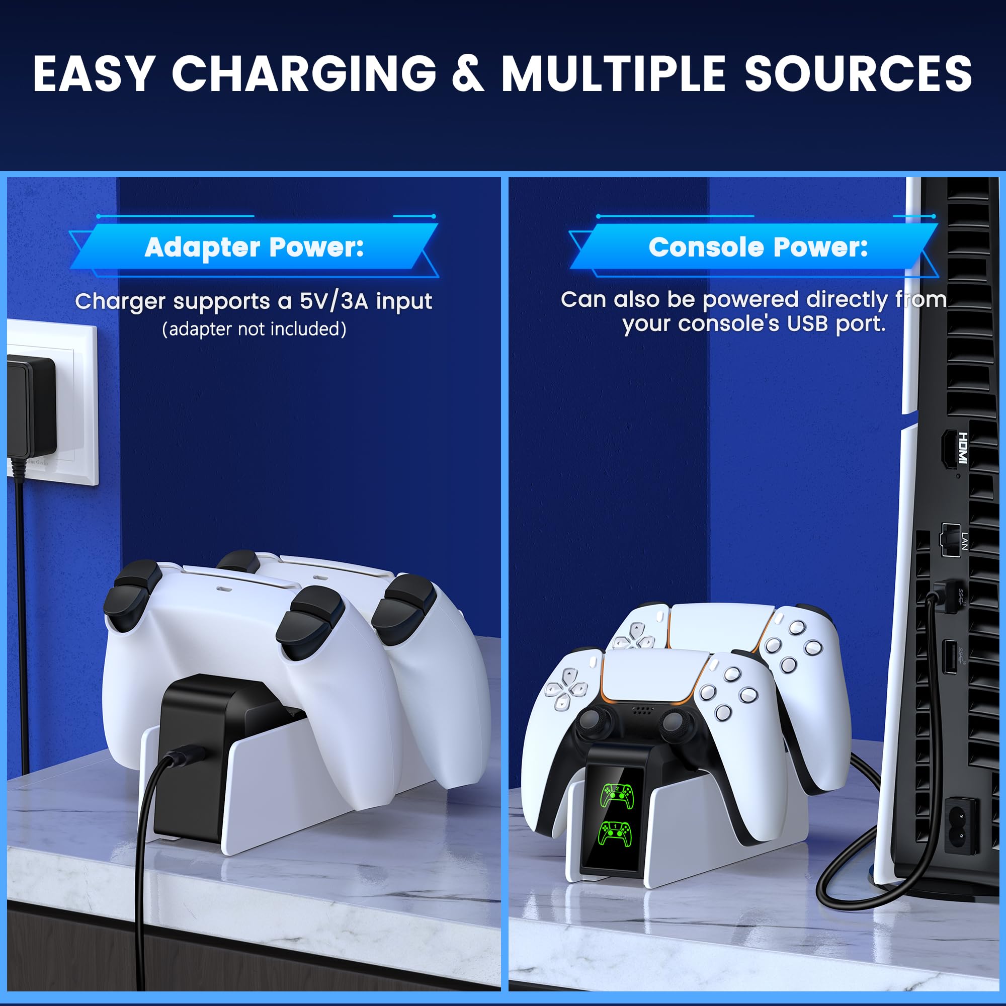 PS5, stazione di ricarica per controller PS5, set di accessori per Dualsense Wireless/Edge, stazione di ricarica per controller PlayStation 5 con ricarica rapida 2 ore, luce RGB fredda