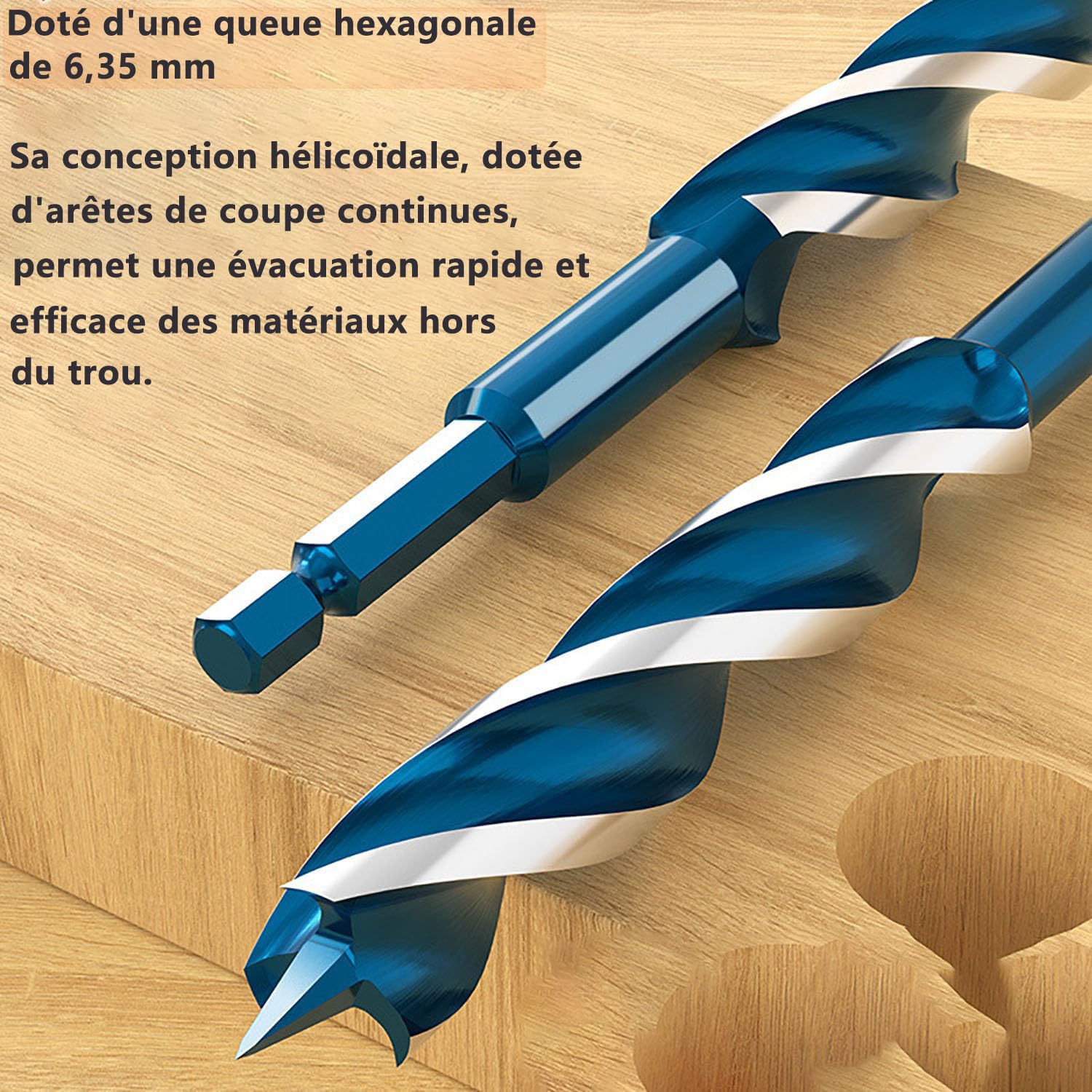 Lot de 8 foret bois hélicoïdaux –Tige hexagonale 6,35 mm – 8mm à 22mm – Foret à bois hélicoïdal adapté au bois dur et au bois tendre