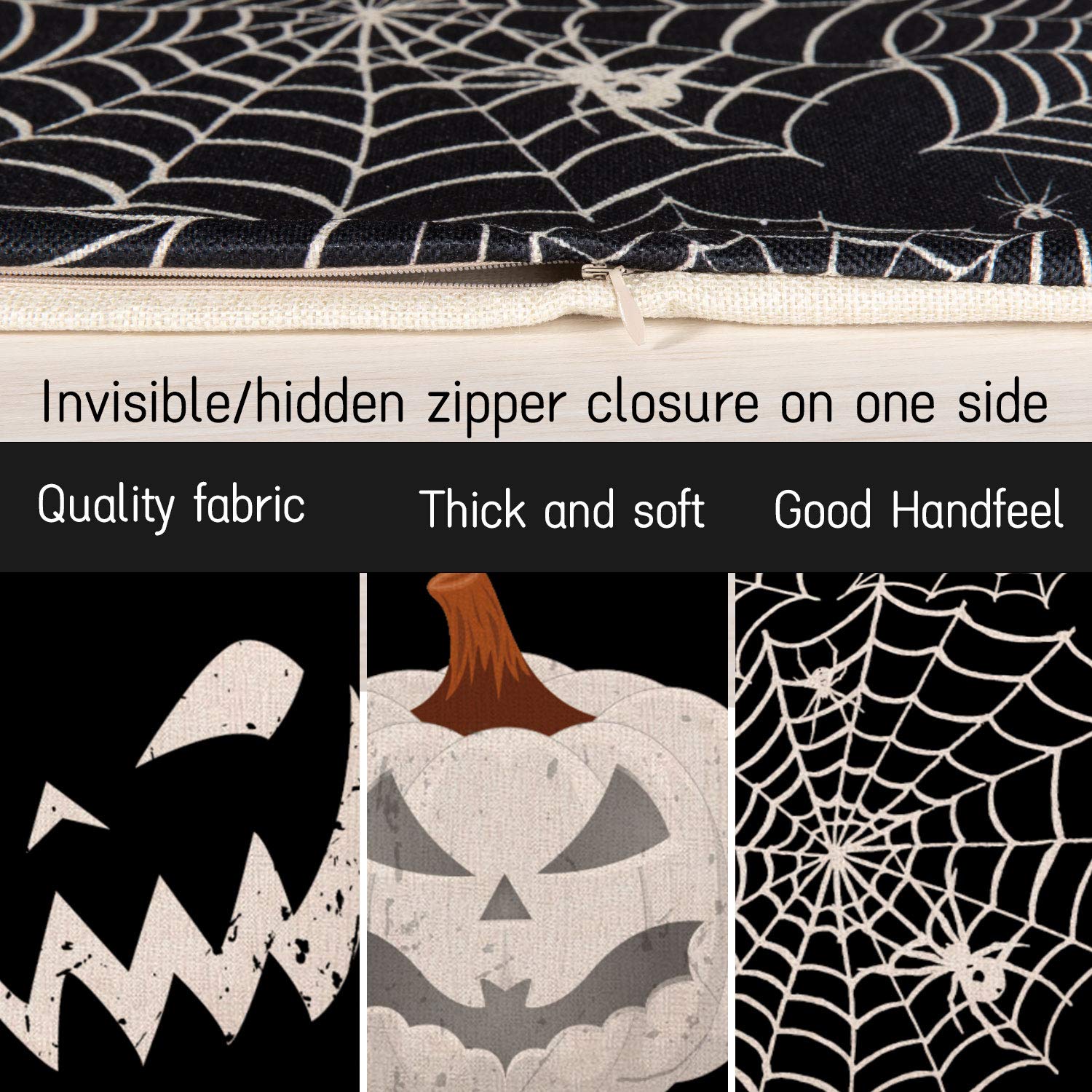 Whaline Set Di 4 Federe Per Cuscino 45x45 Cm, Tema Halloween Con Zucca E Ragnatela, In Lino Nero