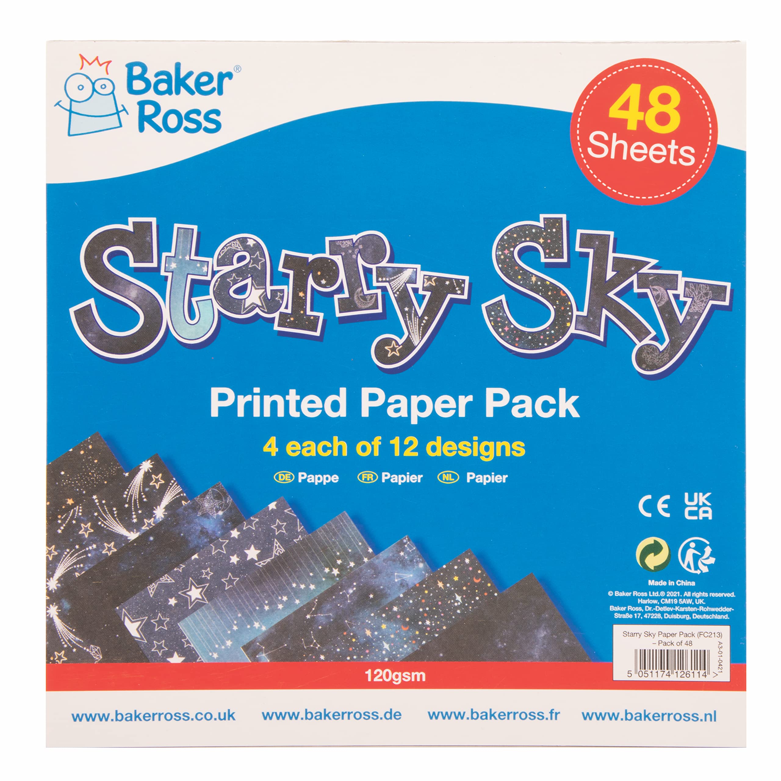 Baker Ross FC213 Starry Sky Printed Paper - Pack of 48, Creative Art Supplies for Kids, Ideal for Craft Activities and Decoration Making