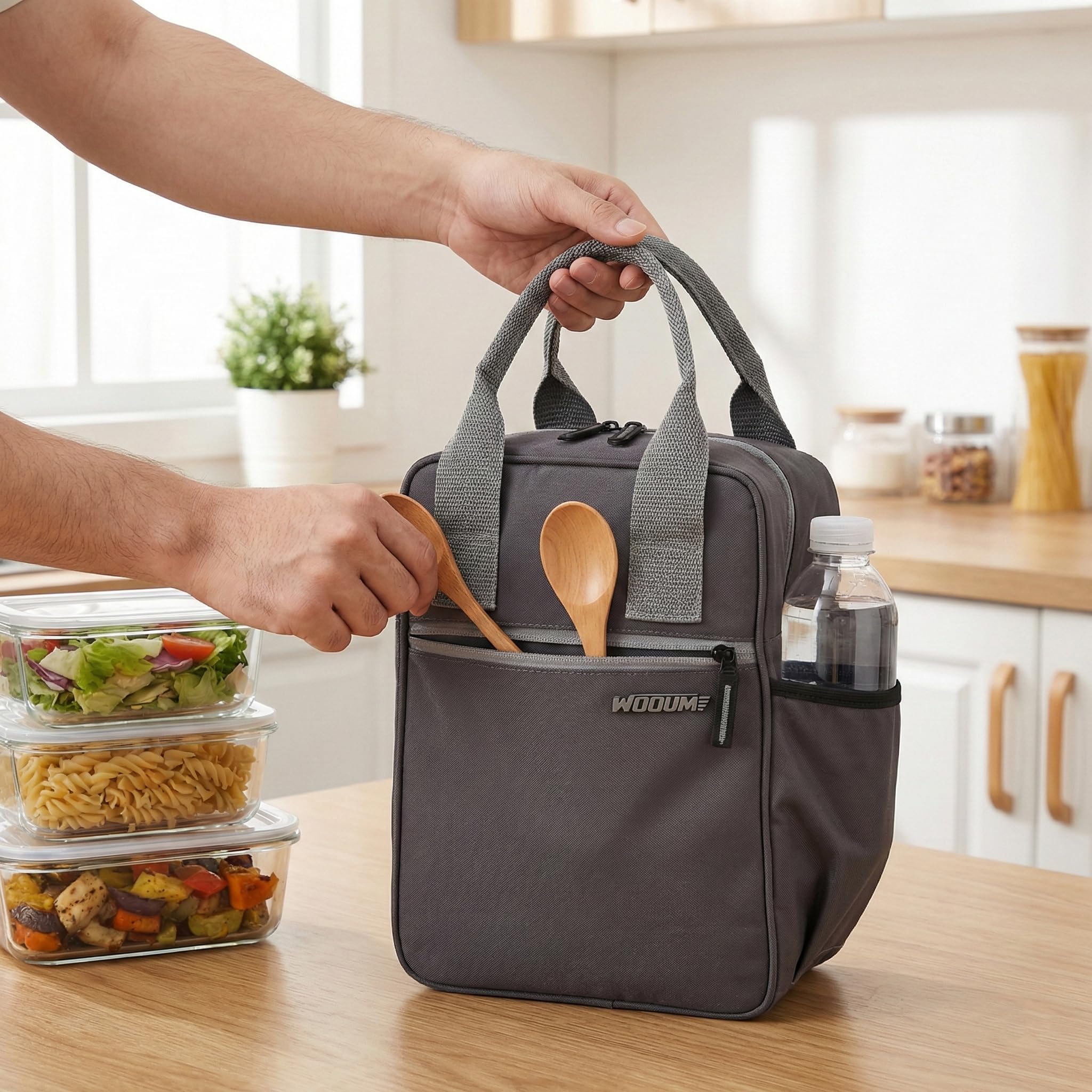 Wooum Insulated Lunch Bag for Office & Travel - Thermal Tiffin Bag with Front Zipper Pocket, Bottle Holder & Strong Handle - Water-Resistant PVC Fabric - Keeps Food Fresh