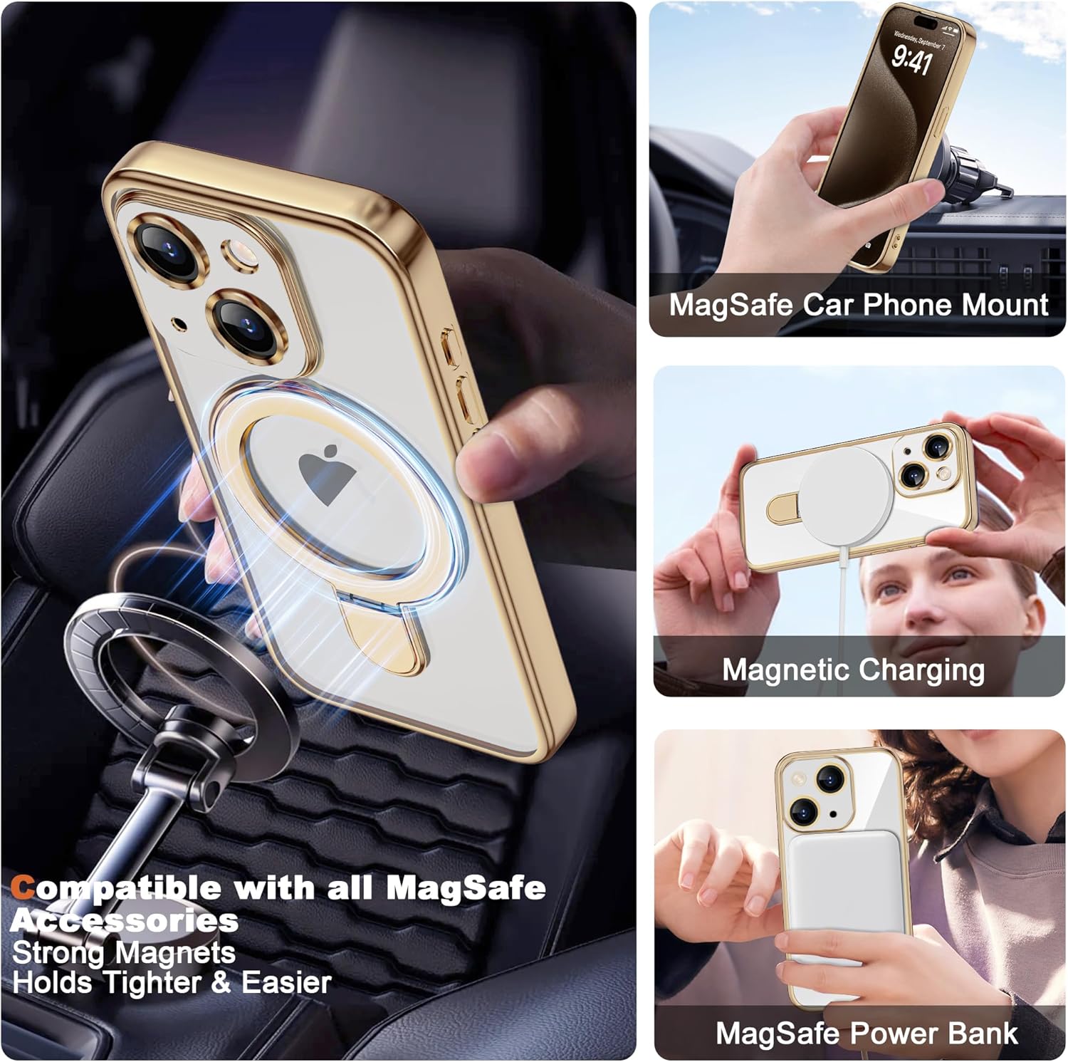 Compatible with iPhone 15 Case with Invisible Magnetic Ring Stand [Compatible with Mag-Safe] [Full Camera Lens Protector] Plating Clear Phone Case for iPhone 15 6.1", Gold