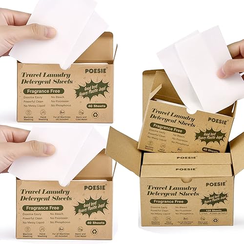 Poesie Hojas de detergente para ropa de viaje, sin fragancia, 200 hojas