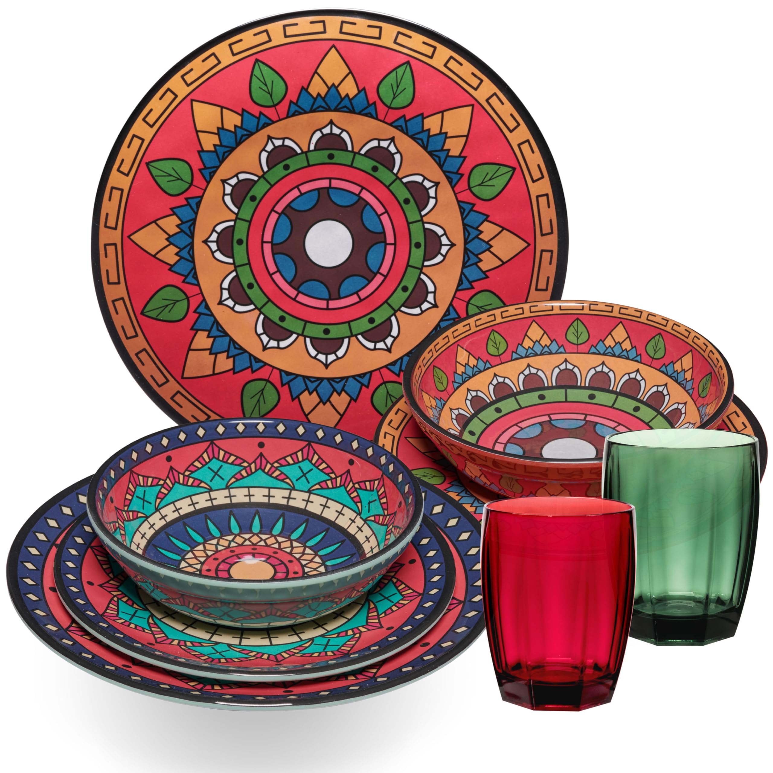 Vaisselle en mélamine Toscane Deep pour 2 personnes – Rouge/vert – Aspect mandala Passe au lave-vaisselle Vaisselle de camping Camping Camping Festival pique-nique Jardin Party