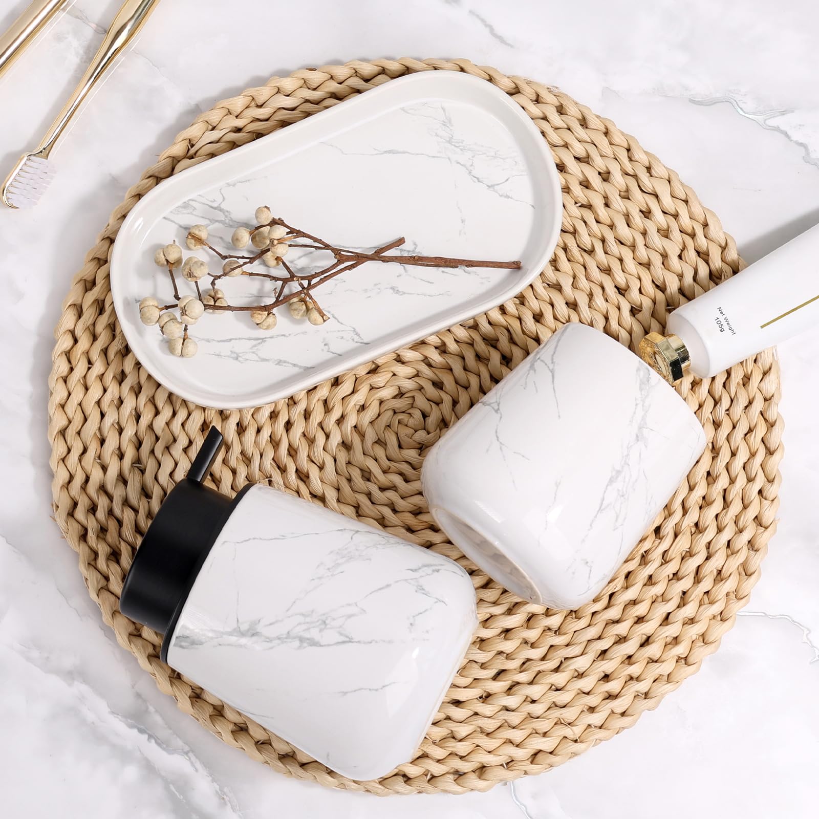 Umlaca Bathroom Accessories - Juego de accesorios de baño de 3 piezas, incluye dispensador de jabón de 350 ml, vaso para cepillos de dientes y jabonera de 320 ml, adecuado para baño, lavabo