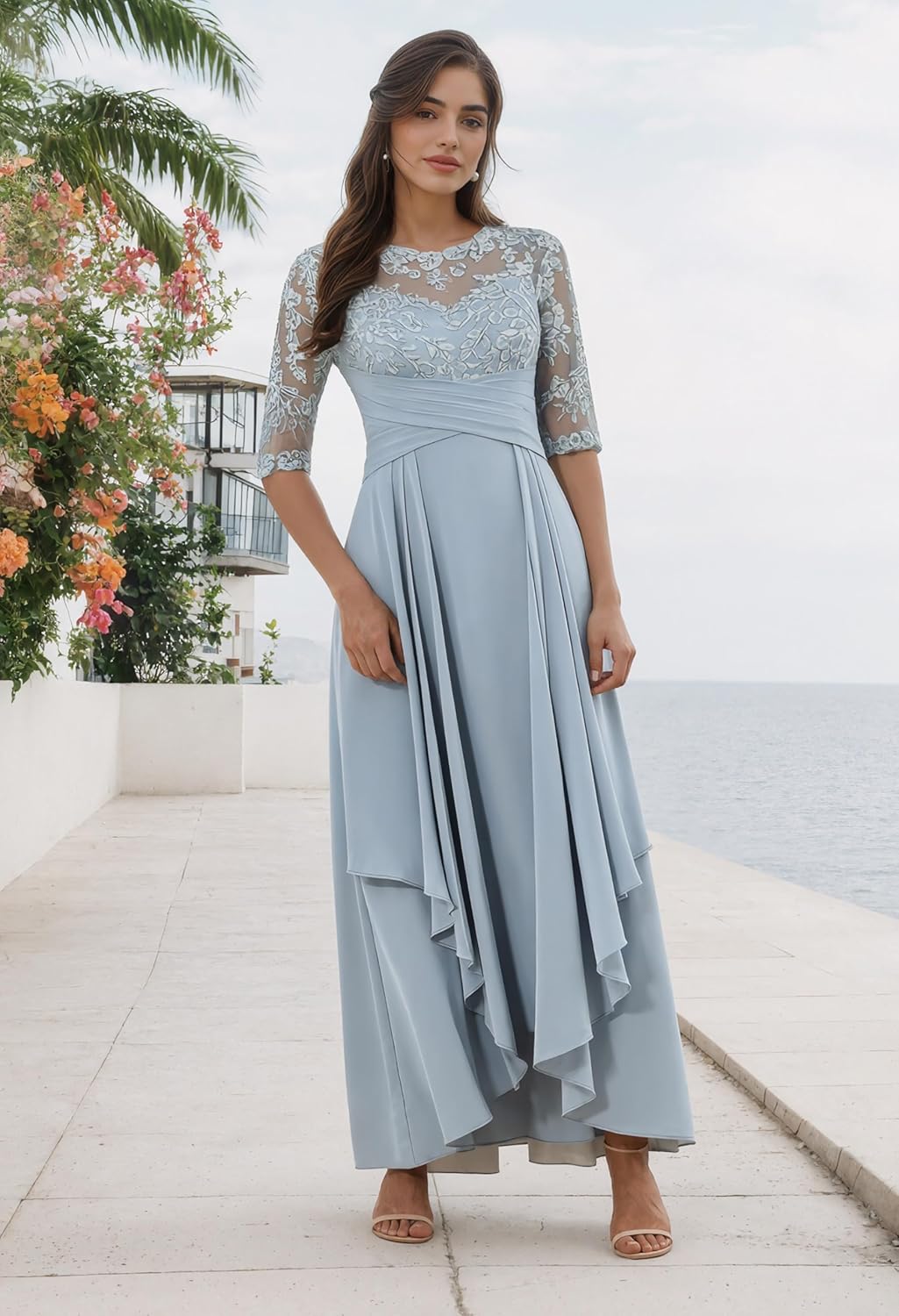 Ankle Length Mother of The Bride Dresses for Women Lace Appliques Chiffon Long Formal Evening Gown with Sleeves - Image 4