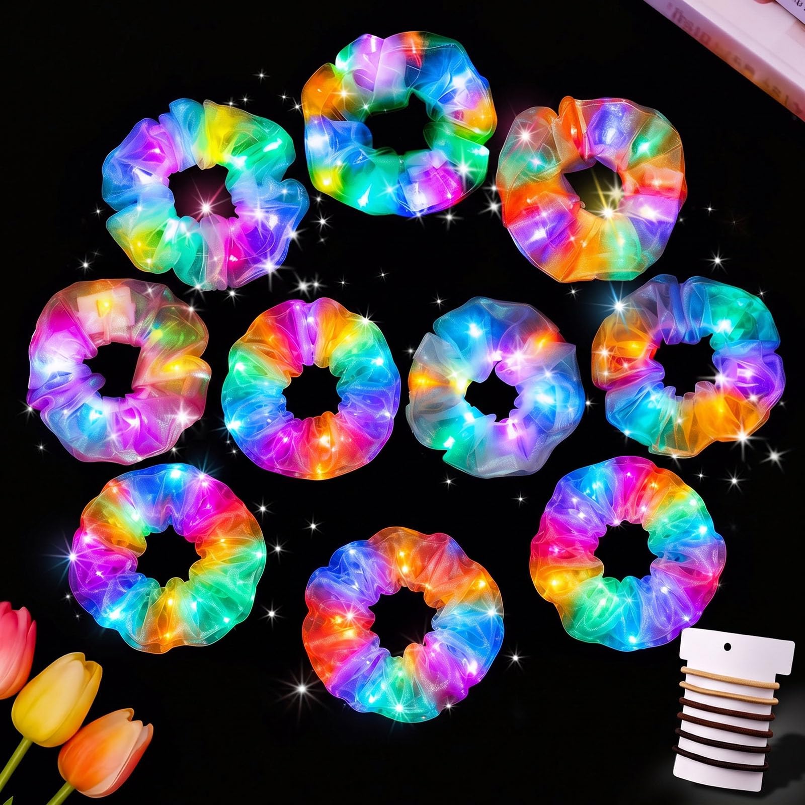 LovesTown 10PCS Light Up Scrunchies and 6PCS Brown Hair Elastics for Girls, LED Scrunchies Multi Light Modes Glow in the Dark Hair Rave Accessories for Women Rave Party Decorations