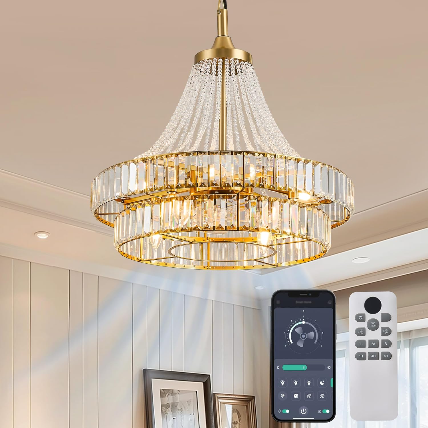 24" Modern Crystal Caged Fandelier, Smart Chandelier Fan with Remote and APP Control, Double Layer Ceiling Fan with Light for Dining Living Room Bedroom, Italian Design-Gold