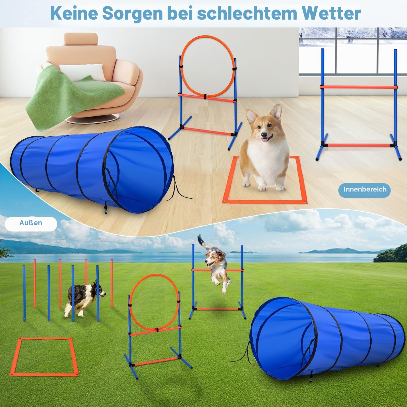 70-Teiliges Agility Set Hunde hundetraining Agility Set Hunde groß 8 Slalomstangen Springring, 2 Ball, Pause-Box, Leckerlibeutel, Tragetasche Hunde intelligenzspielzeug Agility Set