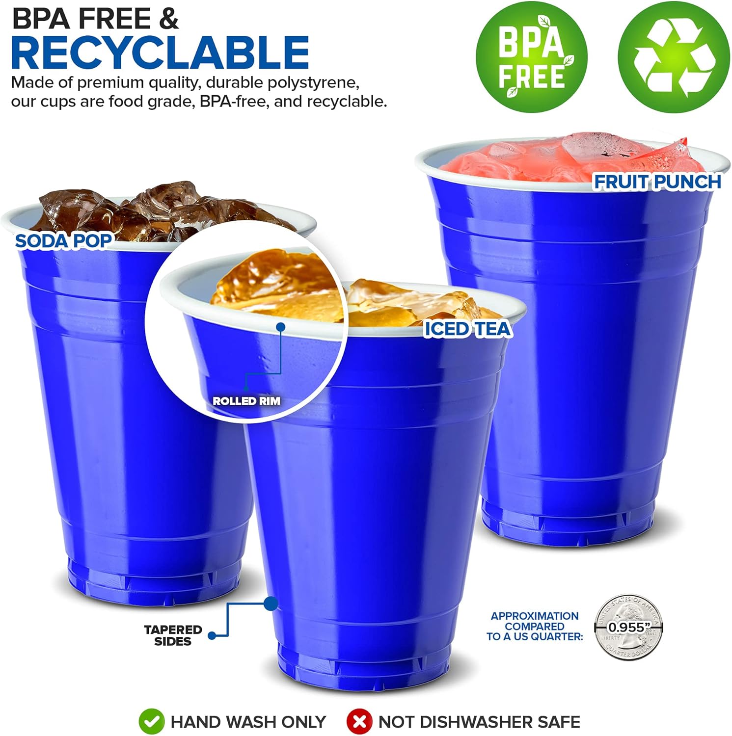 Stock Your Home Blue Plastic Cups Disposable, 16oz (100 Count) Heavy-Duty, Large Party Cup Pack Bulk Pack for Drinking Punch, Soda, Wine, Beer, 4th of July, Halloween - Image 3