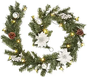 Artificial Lighted Christmas Garland, 6 FT Battery Operated Xmas Garland with Lights, White Flower and Sliver Berry Decorations Garland for Fireplace Banister Fence Decor