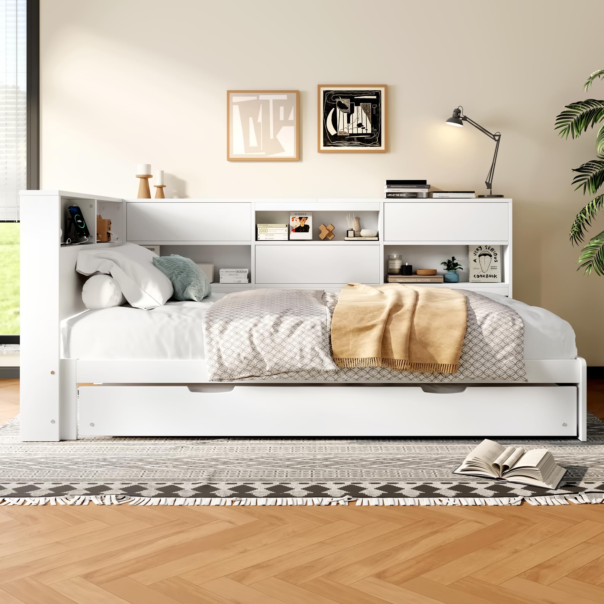 Divano letto, 90 x 200 cm, testiera con vano portaoggetti, letto estraibile, senza materasso, bianco