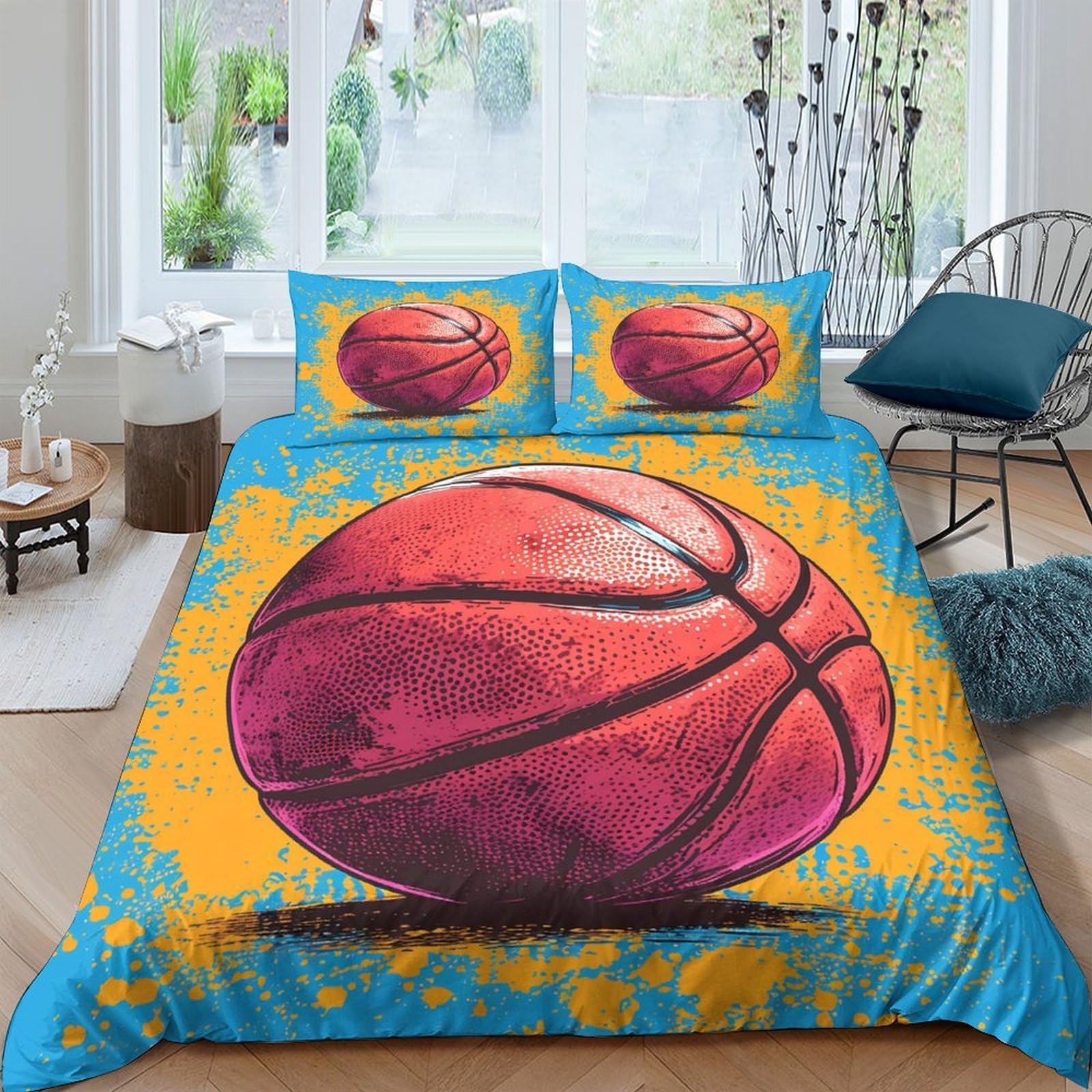 GPLZQXKJNH 3D Printed Basketball Splash Duvet Cover Microfiber Soft Breathable Graffiti Bedding Set with 2 Pillowcases for Bedroom Decor Single（135x200cm）