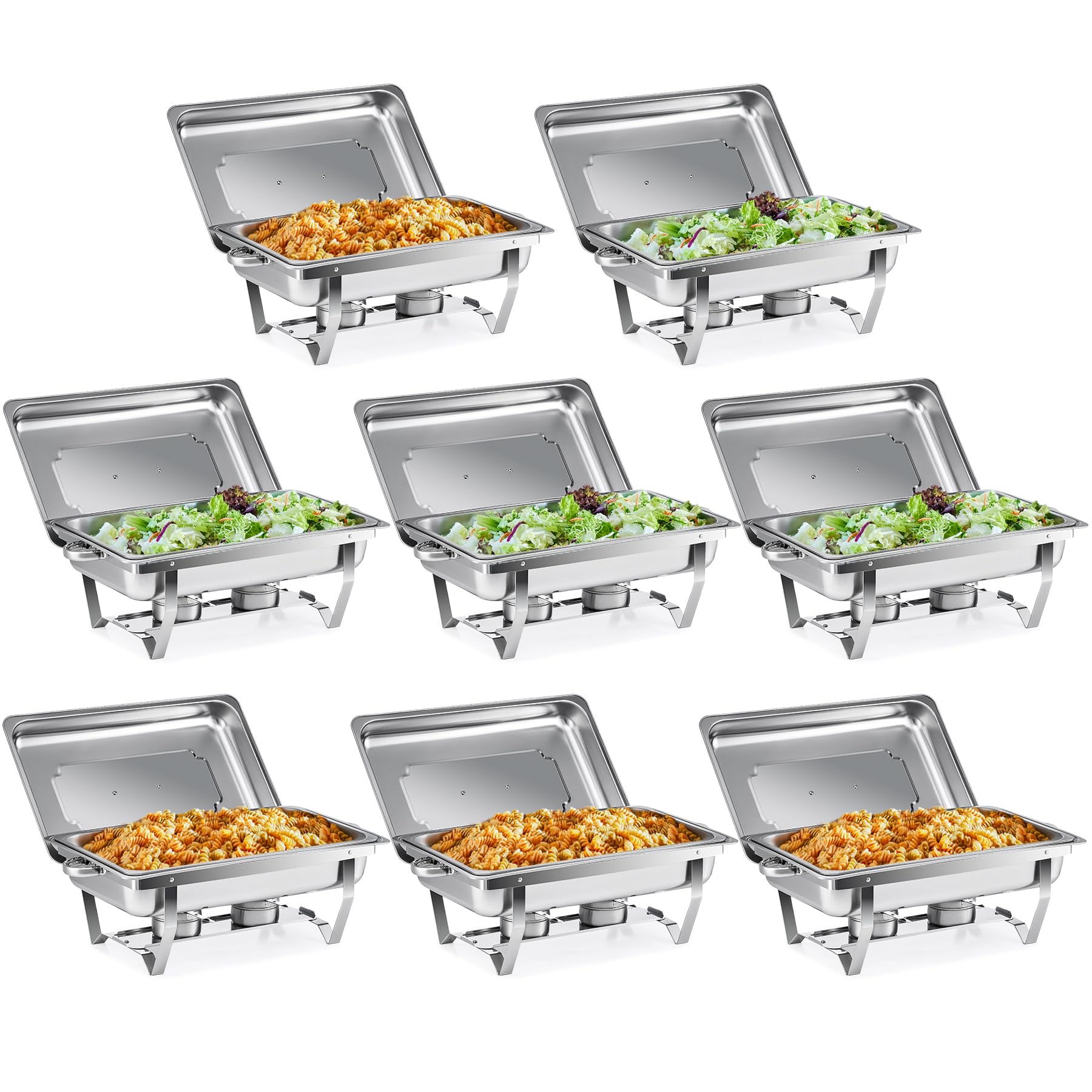 WILPREP Chafing Dish 8 Pack, 9L Rectangle Stainless Steel Food Warmer Kit with Lids Food Pans Bain Maries and Fuel Holders, Buffet Serving Utensils for Restaurant Catering Parties Weddings