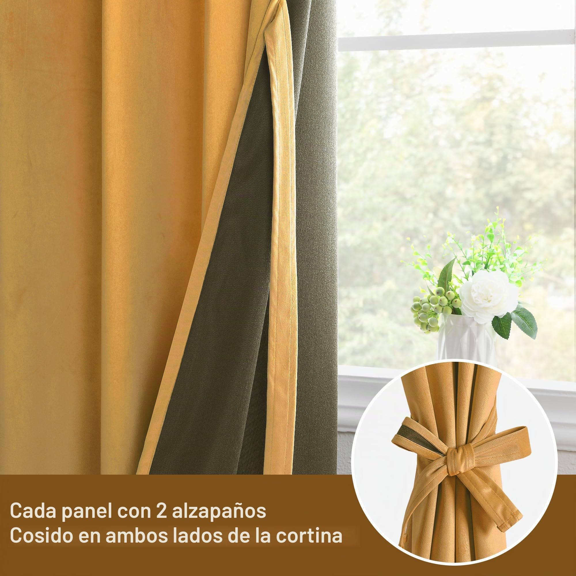 DWCN Cortinas De Salón De Amarillo Mostaza De Terciopelo, Juego De 2, H280 X 140 cm, Cortinas De Terciopelo Suave con Lazos para Cortinas, Cortinas Pesadas Opacas con Ojales para Protección contra El