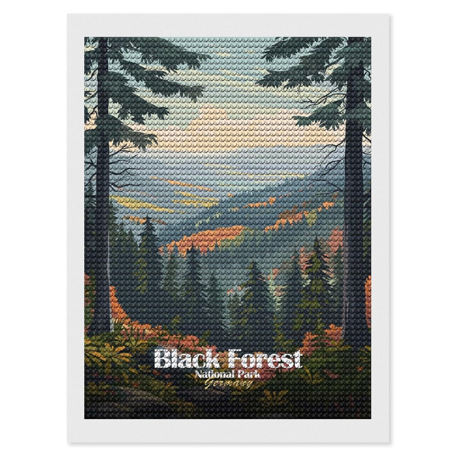 Junmoney Black Forest National Park Germany Diamond Art Kit 12"x16", Vintage Style Decor, Stress Relief Craft, Decor Project, Relaxing DIY, Creative Hobby